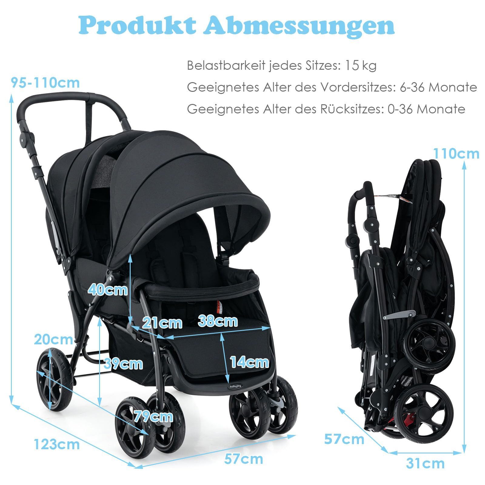 COSTWAY Geschwisterwagen Zwillingsbuggy, mit 5-Punkt Gurt & Einkaufskorb