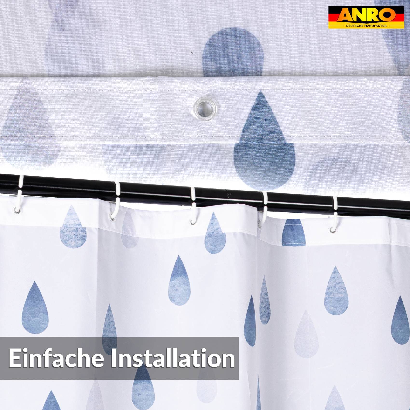ANRO Duschvorhang FASTY Tropfen Anti-Schimmel Polyester Badezimmervorhang Bad-Stoff Breite 120 cm (Packung, 1-tlg., Duschvorhang inkl. Aufhängeringe), robuster Vorhang Stangenaufhängung 120x200cm Skandi Bad Blau