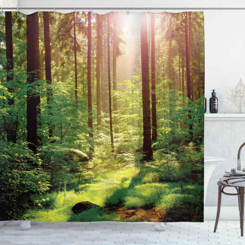 Abakuhaus Duschvorhang Moderner Digitaldruck mit 12 Haken auf Stoff Wasser Resistent Breite 175 cm, Höhe 180 cm, Wald Sunset Moss Woods Bäume