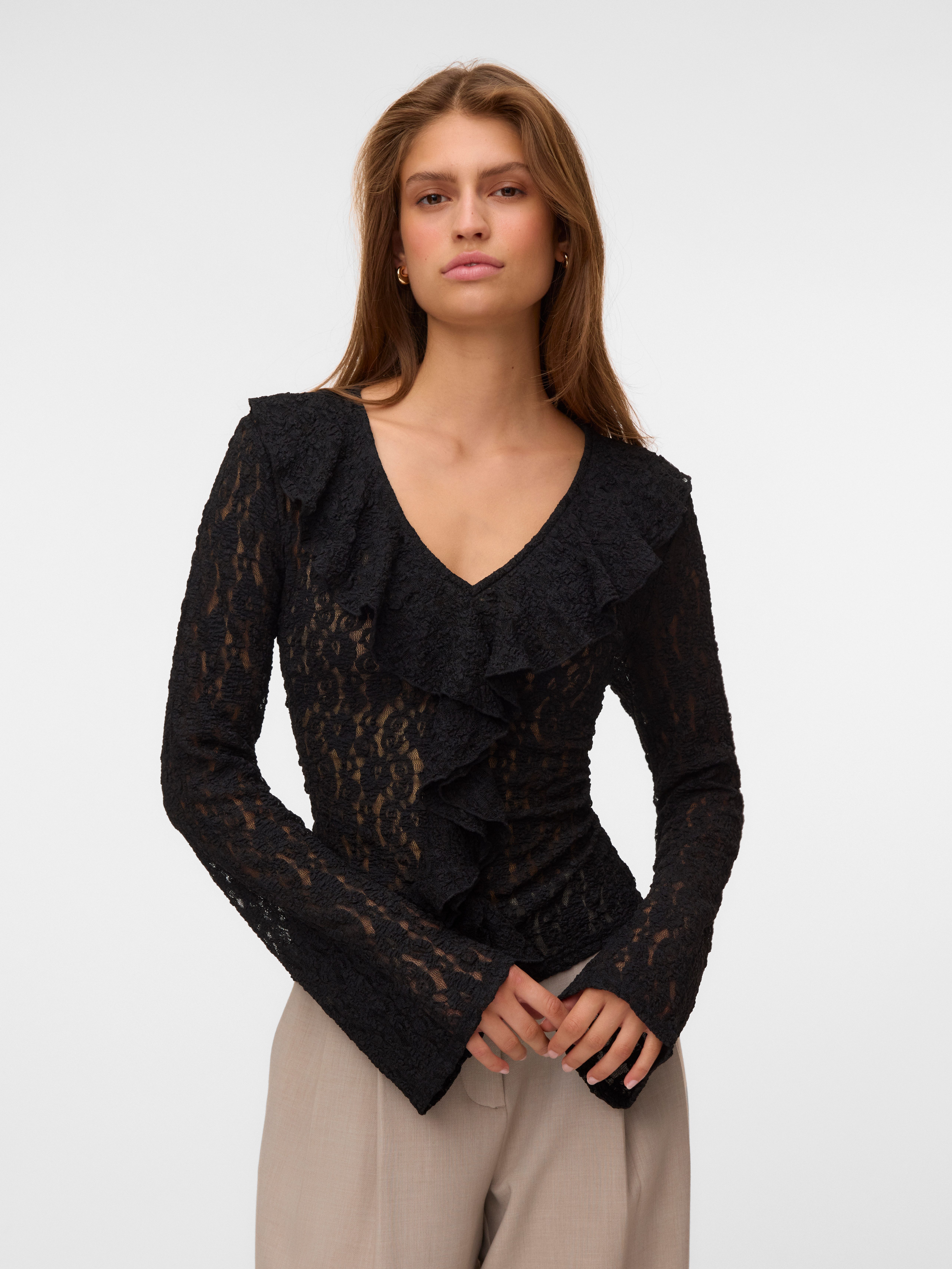 Vero Moda Langarmshirt VMFLORA FRILL LS TOP JRS NOOS Materialmix, regular fit