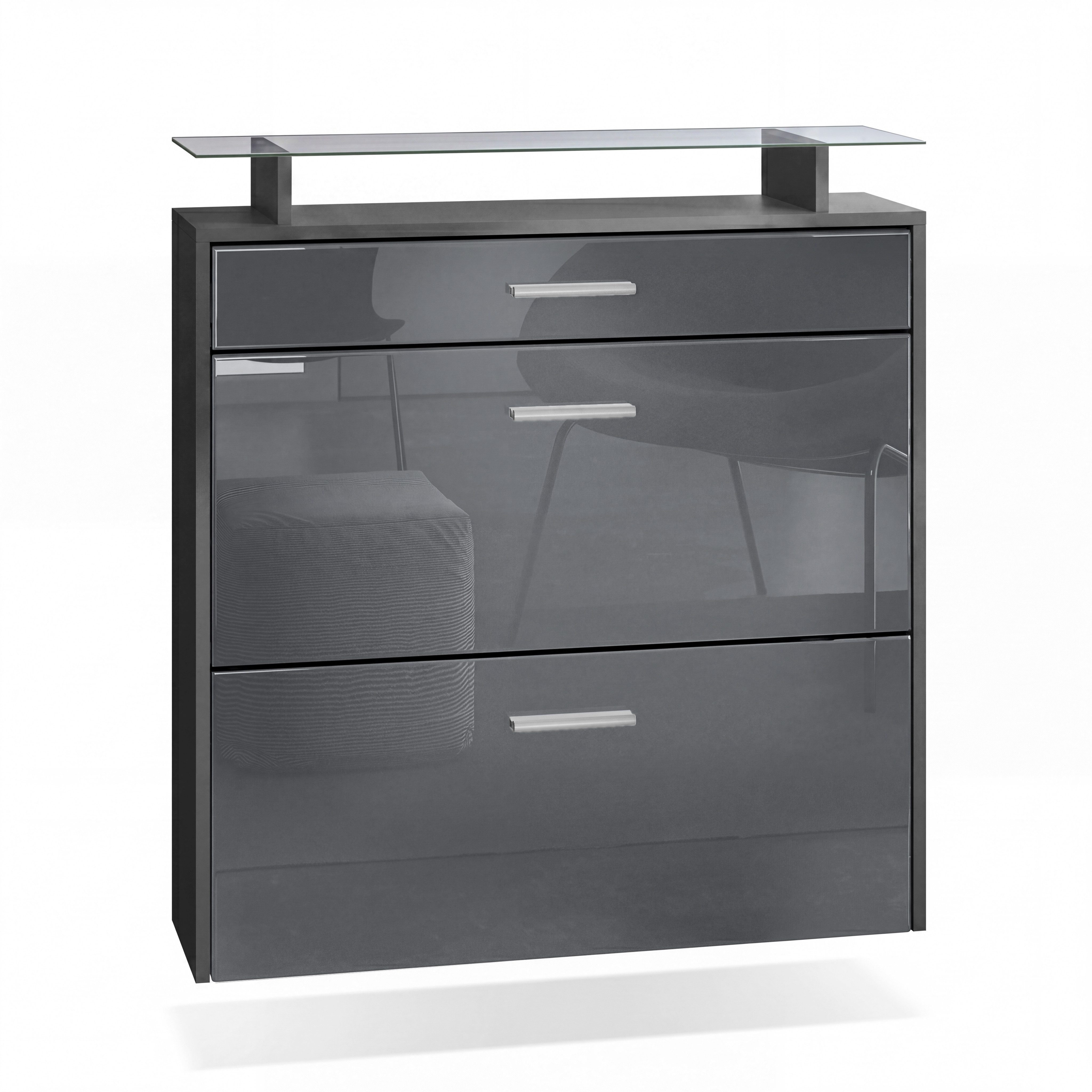 Vladon Schuhschrank Malea (hängender Schuhkipper für 16 Paar Schuhe, mit 2 Klappen und 1 Schublade und Glasablage) Anthrazit matt/Grau Hochglanz (89 x 96 x 23 cm)