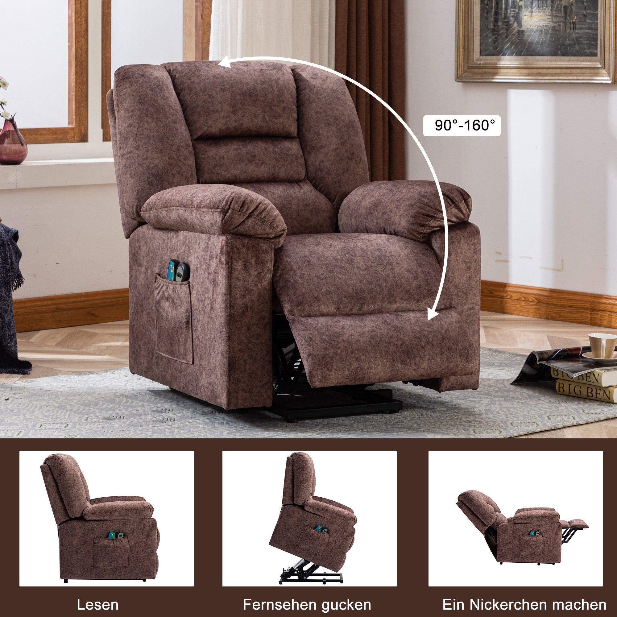 TV-Sessel (Fernsehsessel mit Aufstehhilfe, Schlafsessel, Relaxsessel, Massagesessel, Liegefunktion, Wärmefunktion und Vibrationsmassage), bis zu 150 kg belastbar, Stoff, Braun / Grau