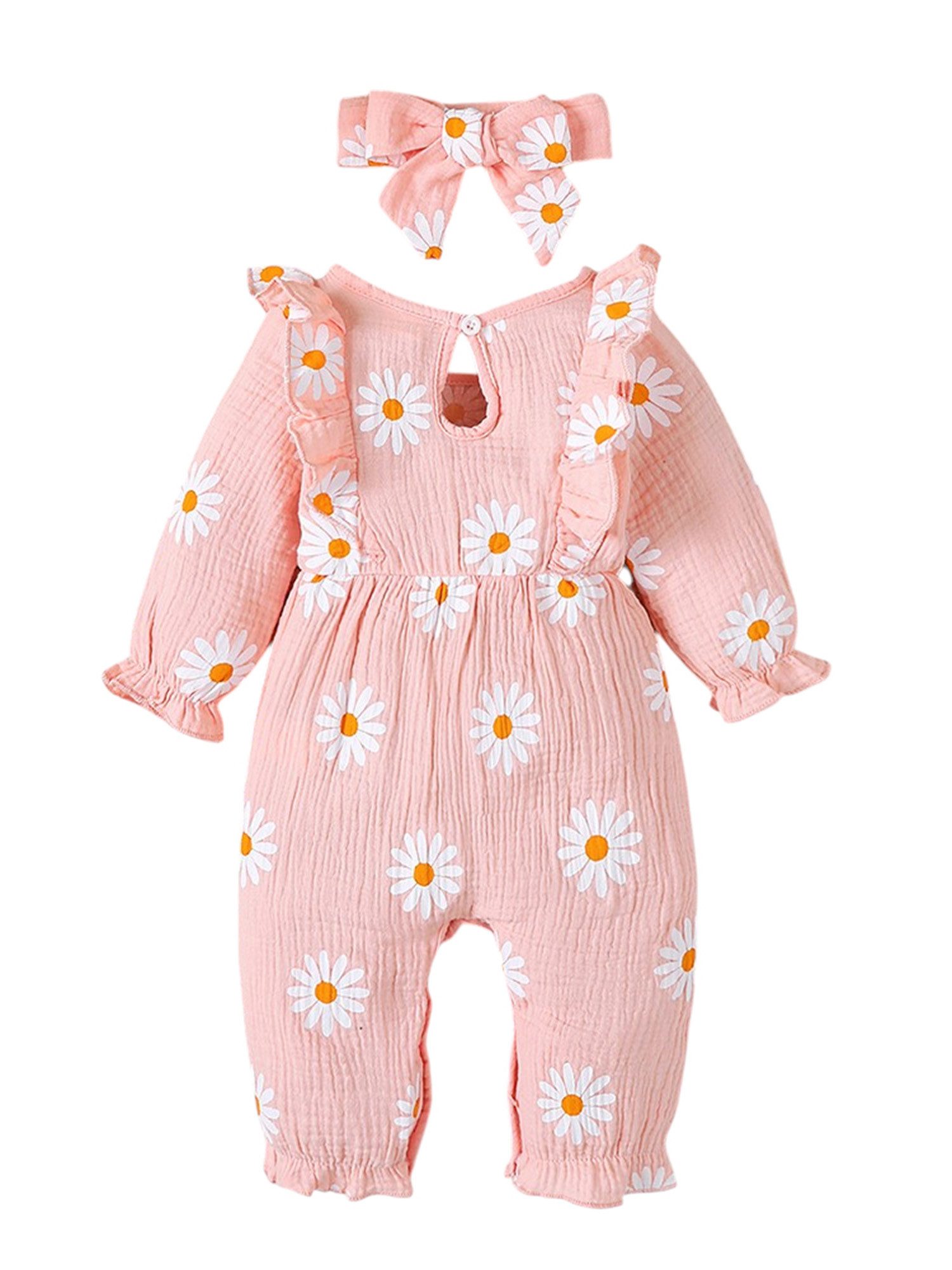 Lapastyle Strampler Baby Langarm Outfit Set, Bodysuit mit Rüschen und Gänseblümchen Muster (Set, 2-tlg) Jumpsuit & Haarband Set, 100% Baumwolle, Schleifendekor, Lässig, Süß