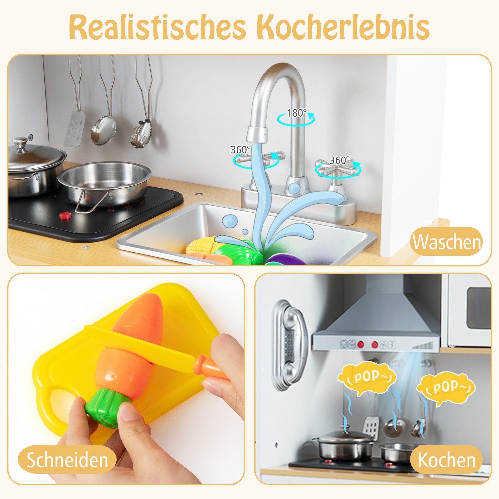 COSTWAY Spielküche Kinderküche Holz, 3-fach höhenverstellbar, mit 16 tlg. Zebehör