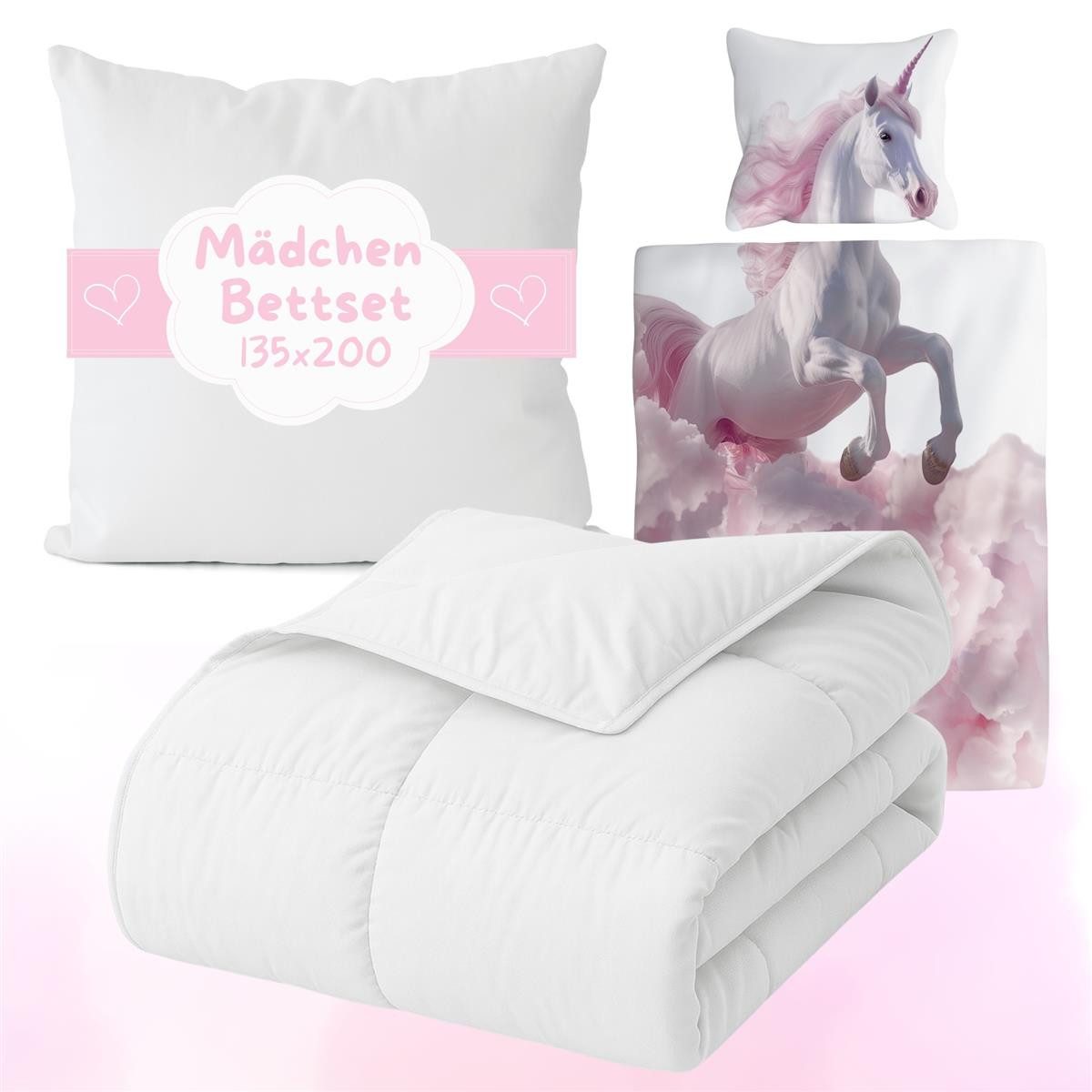 Carpe Sonno Kinderbettdecke + Kopfkissen + Bettwäsche 135x200 80x80 Kinder Set Bettset Ganzjährig Komplettset, Füllung: silikonisierte Hohlfaser, Bezug: 100% Polyester, Kinderbett Bettenset ALL IN ONE Mädchen Einhorn