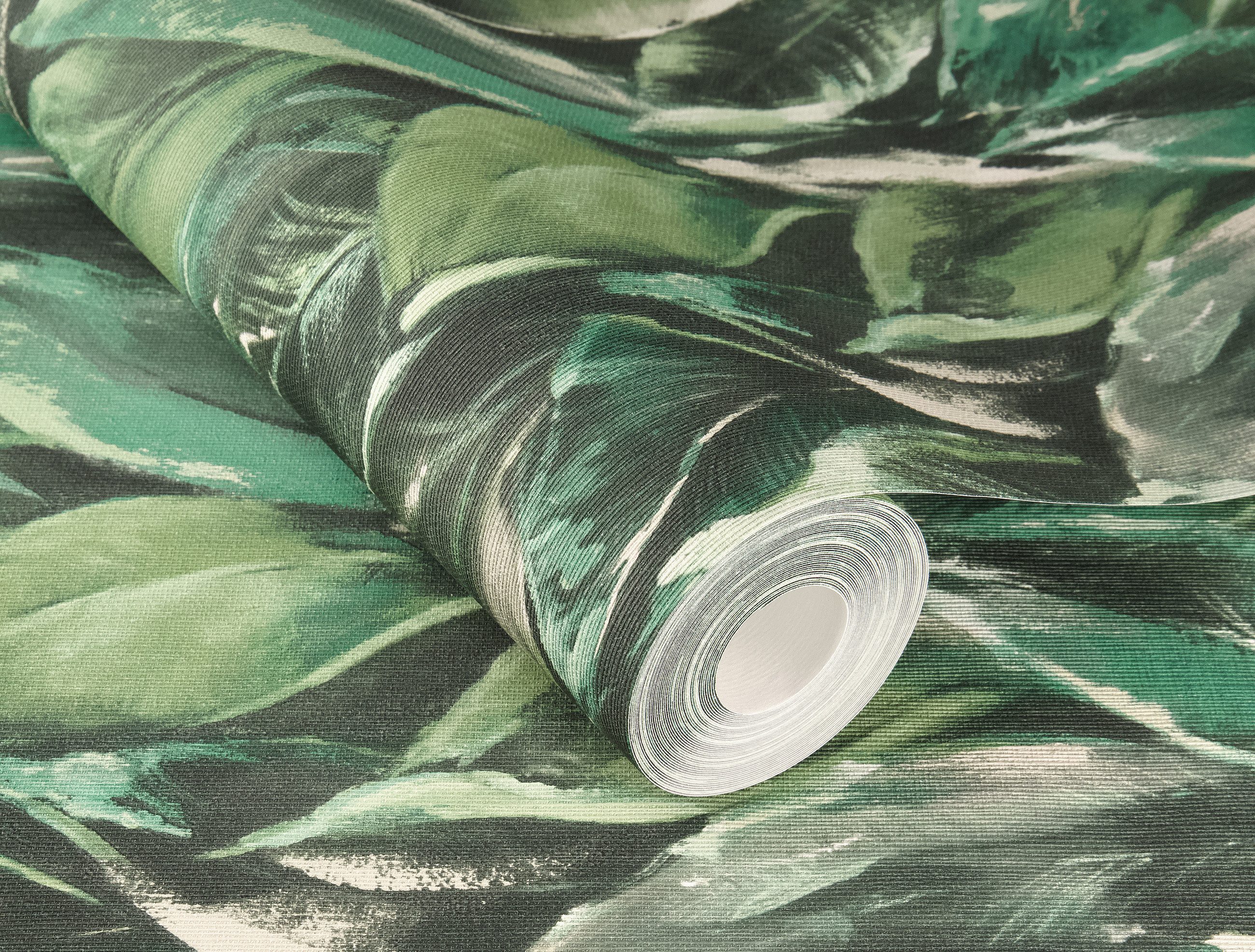 Rasch Vliestapete Blättermuster - Vinyltapete Creme Schwarz Grün, Floral, (1 Rolle, 1 St., 10,05 m x 0,53 m), gute Lichtbeständigkeit, feucht abwischbar, restlos abziehbar