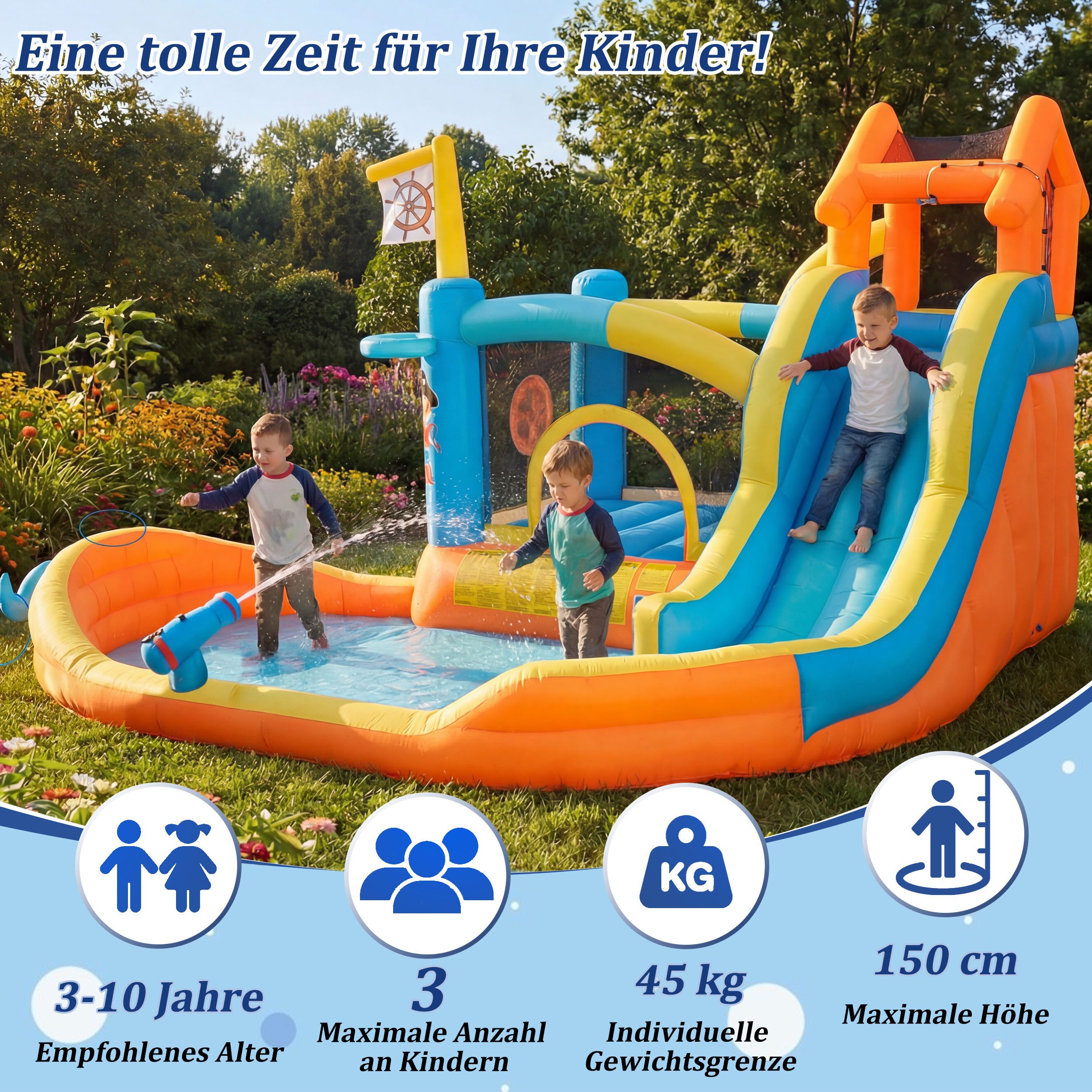 UEV Hüpfburg mit Gebläse Groß Aufblasbare Wasserpark Springburg 414x364x244cm, (XXL für Kinder von 3-10 Jahre, mit Kletterwand Sicherheitsnetz Kindergeburtstag), für Indoor und Outdoor Wasserrutsche Springen