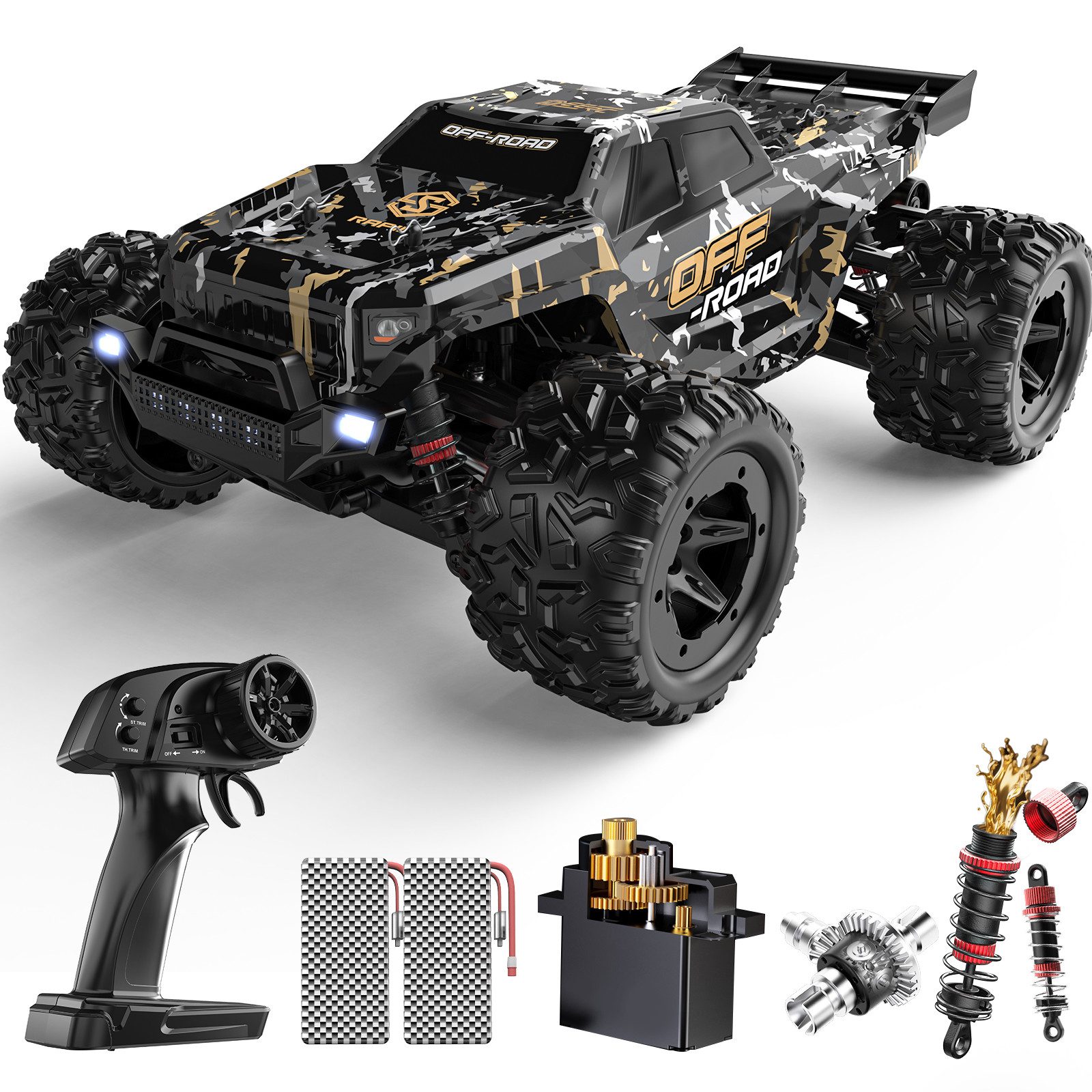 DEERC RC-Auto Ferngesteuertes Auto 1:16, 4WD Offroad RC-Auto, bis 40 km/h, 2 Akkus (1-tlg), Vollmetall-Antrieb, LED-Lichter & IPX4-Spritzwasserschutz