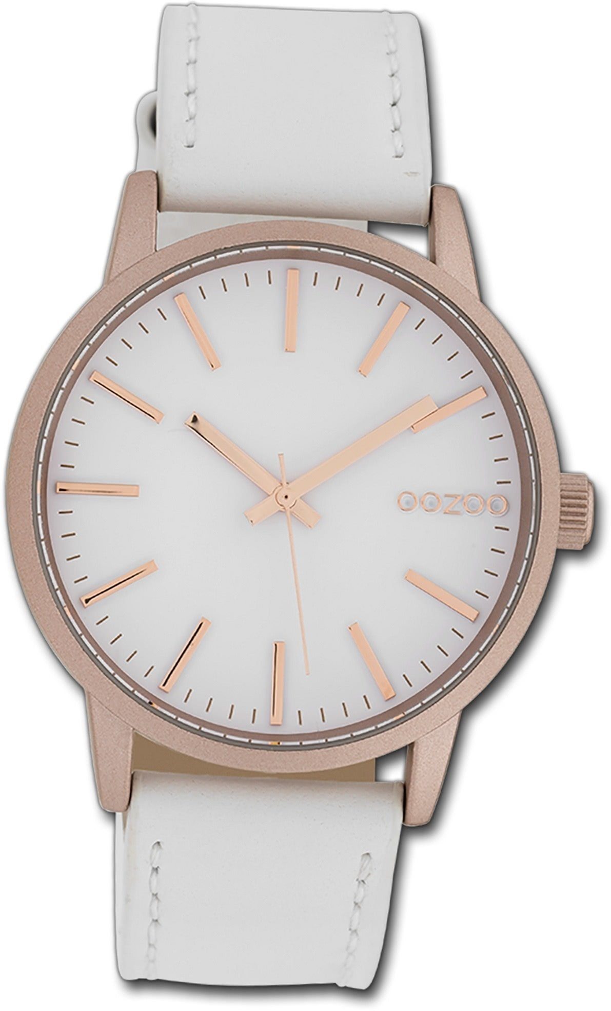 OOZOO Quarzuhr Oozoo Damen Armbanduhr Timepieces, Damenuhr Lederarmband weiß, rundes Gehäuse, groß (ca. 40mm)