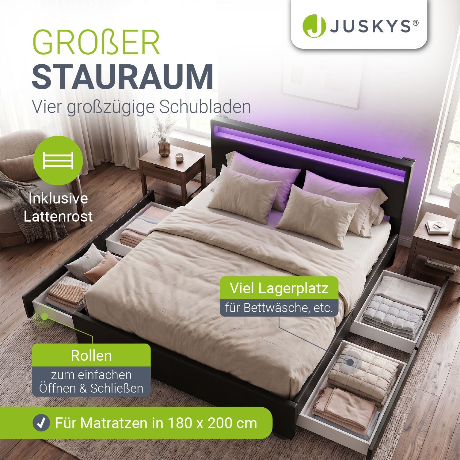 Juskys Polsterbett Lyon, 180x200 cm, ausziehbare Bettkästen, LED-Licht, gepolstertes Kopfteil