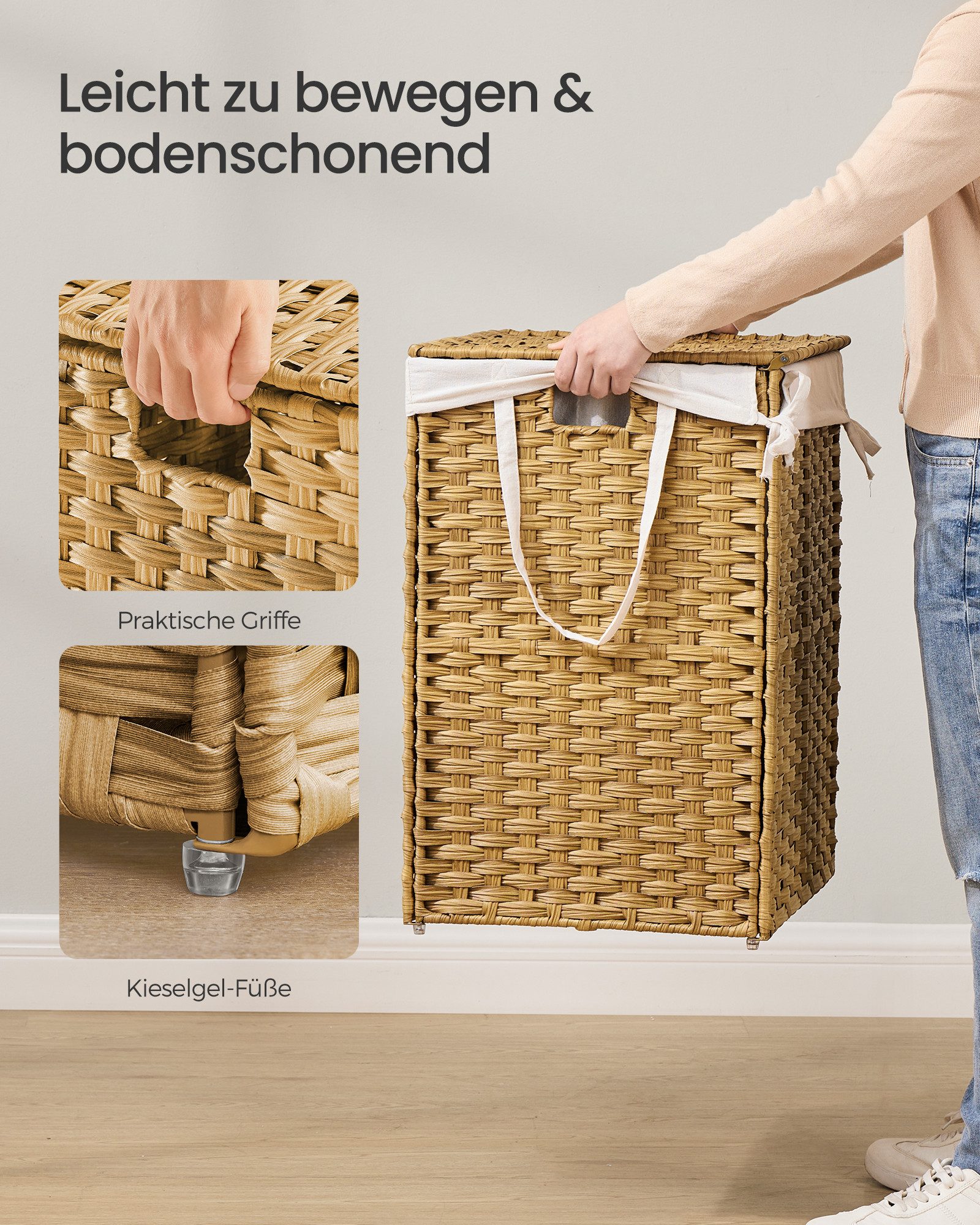 SONGMICS Wäschekorb Wäschebox aus synthetischem Rattan, herausnehmbarer Wäschesack, 2 Fächern, Wäschesammler 160 L, mit Deckel und Griffen, 66x40x61 cm