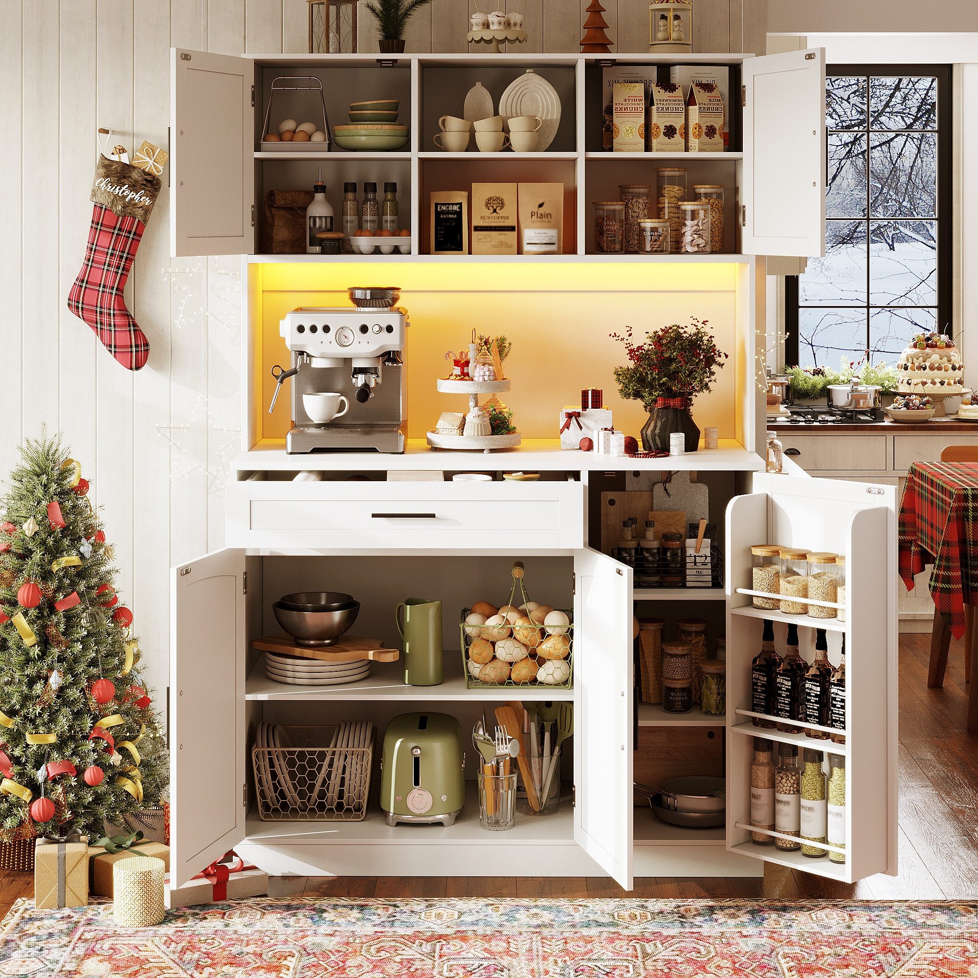 REDOM Hochschrank Küchenschrank,Esszimmerschrank (mit LED-Leiste und Steckdose in Weiß, 1-St., 110x38x180 cm)