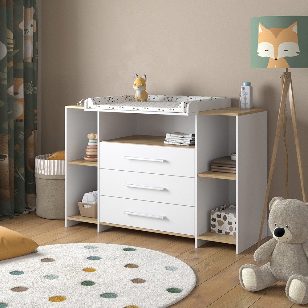Vicco Wickelkommode Oskar, Weiß/Goldkraft Eiche, 143.2 x 93 cm mit 3 Schubladen