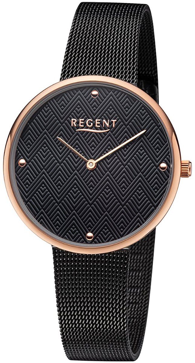 Regent Quarzuhr Regent Damen Uhr BA-568 Edelstahl, Damen Armbanduhr rund,  Edelstahlarmband schwarz