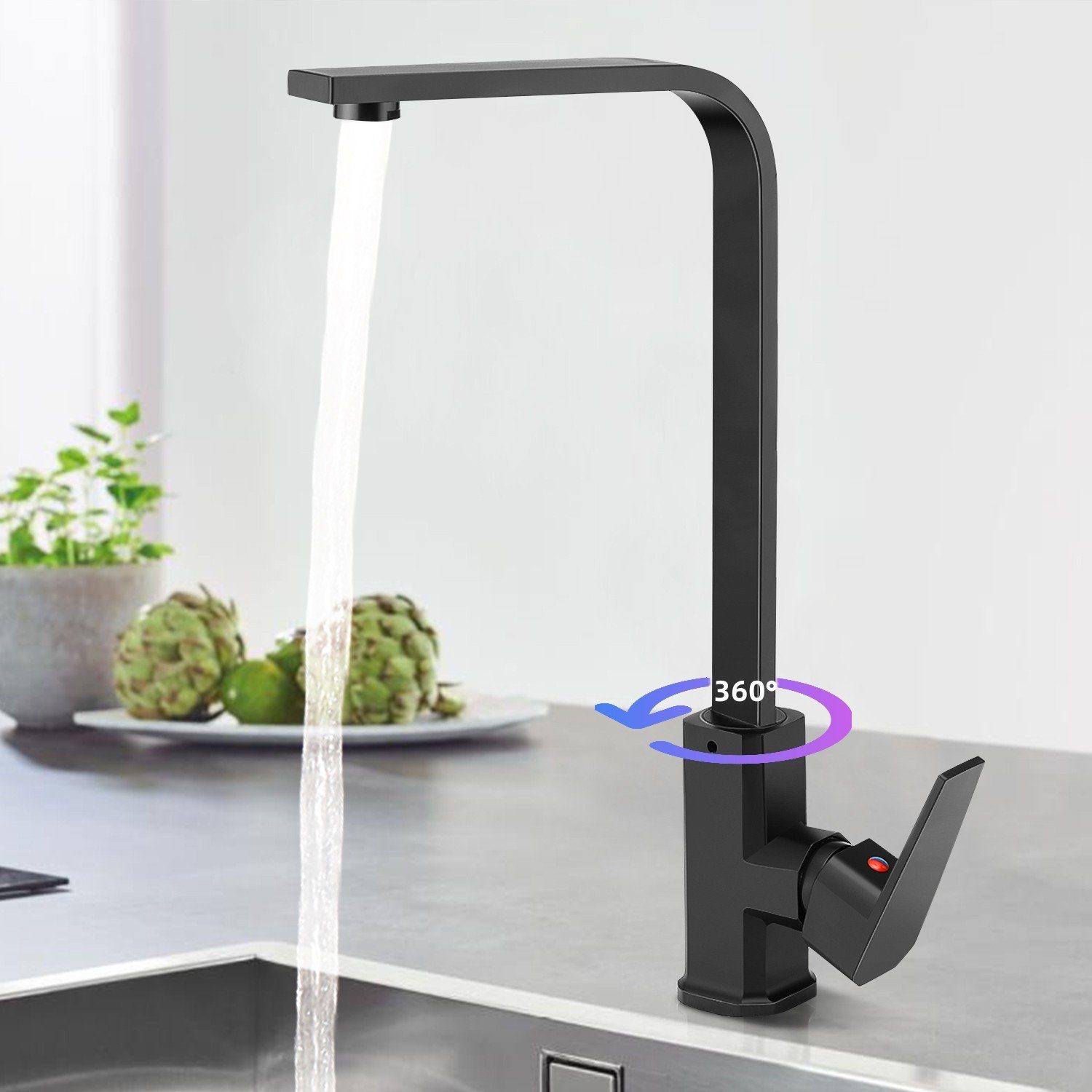 WILGOON Spültischarmatur Hochdruck 360° drehbar Küchenarmatur Küche Wasserhahn Mischbatterie Höhe 390mm, 360° drehbar Auslauf, Schwarz