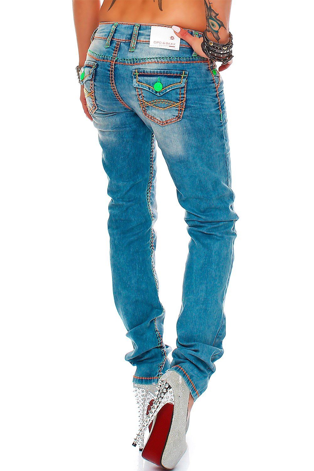 Cipo & Baxx 5-Pocket-Jeans Damen Slim Fit Hose Stonewashed BA-CBW0445 (1-tlg) Neon Farbige Akzente Stonewashed mit Kontrastnaht