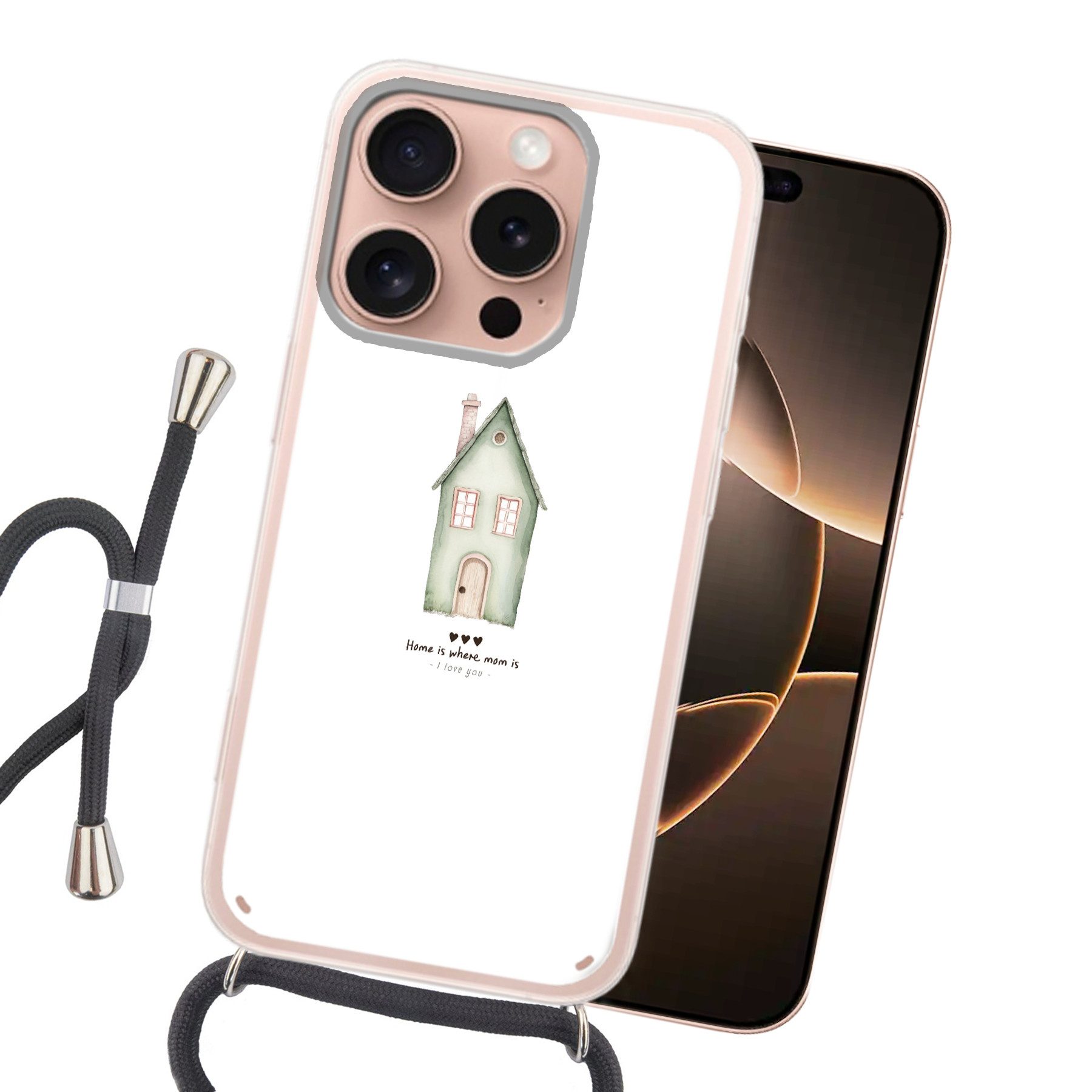 MuchoWow Handyhülle für Apple iPhone 16 Pro Landhaus - Grün - Text - Liebevoll, Tragbare Handyhüllen mit Kette zum umhängen, Handykette Handyband