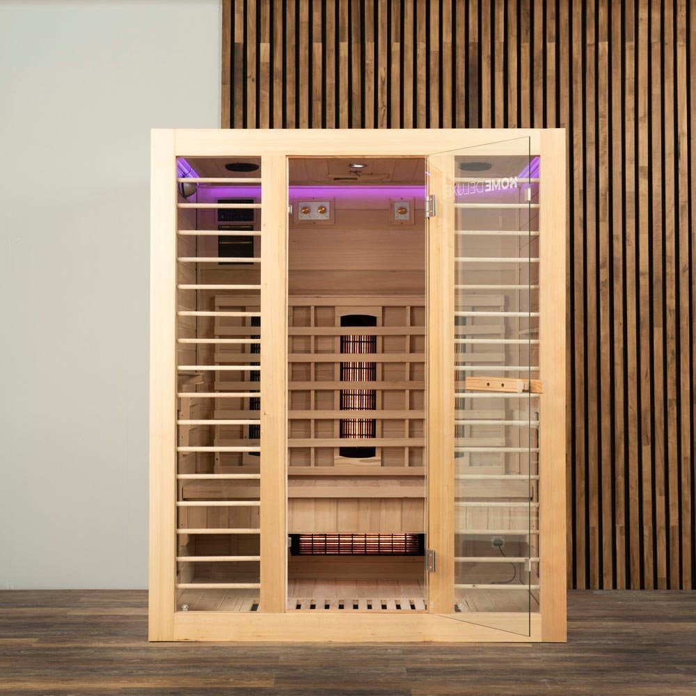 HOME DELUXE Infrarotkabine REDSUN DELUXE L, BxTxH: 120 x 105 x 190 cm, (Komplettset) 6 Vollspektrumstrahler, Hemlocktanne, für 3 Personen l Infrarotsauna