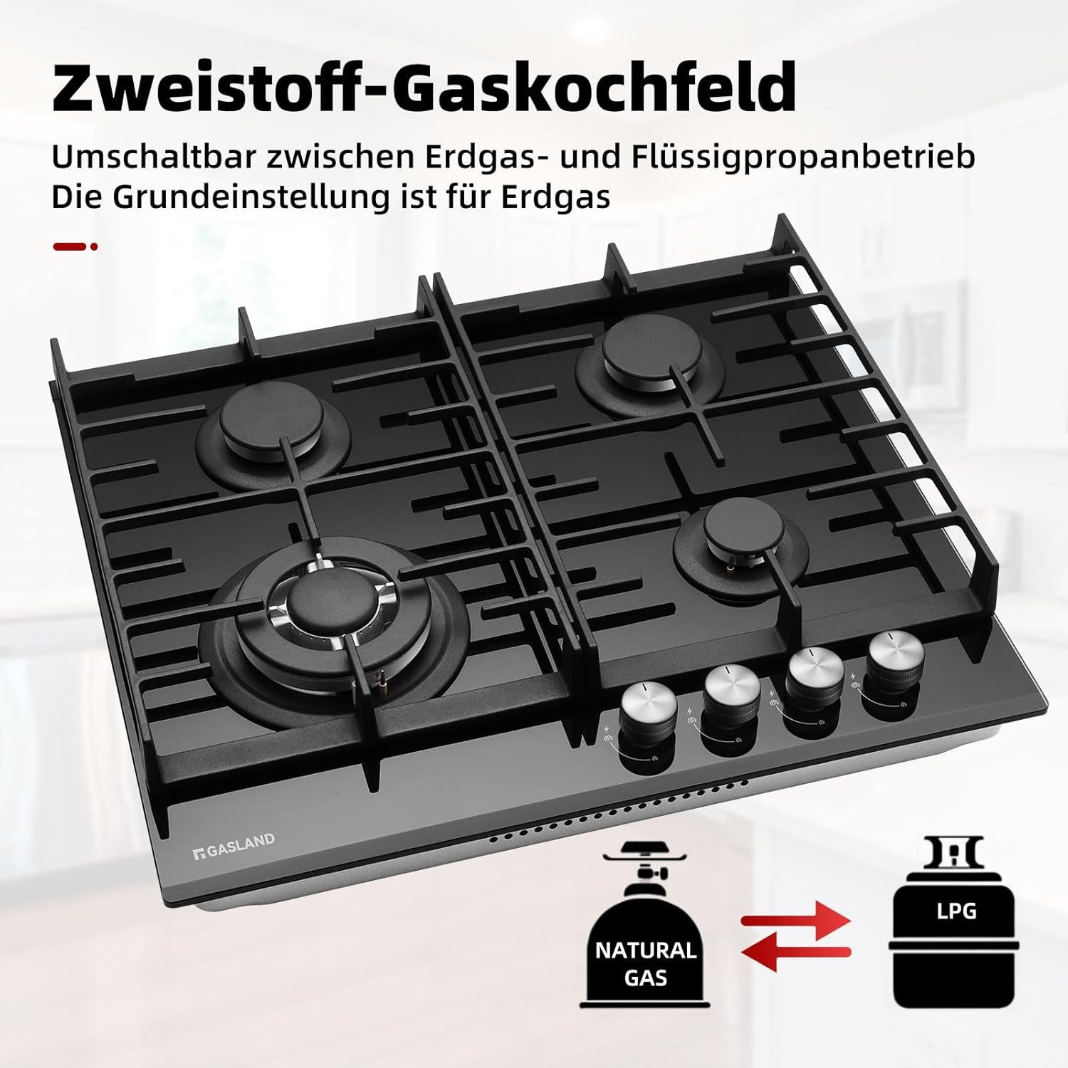 GASLAND Gas-Kochfeld GH604BF, 4-flammiges Kochfeld, 60 cm, 8000 W, Wok-Brenner, LPG/Erdgas