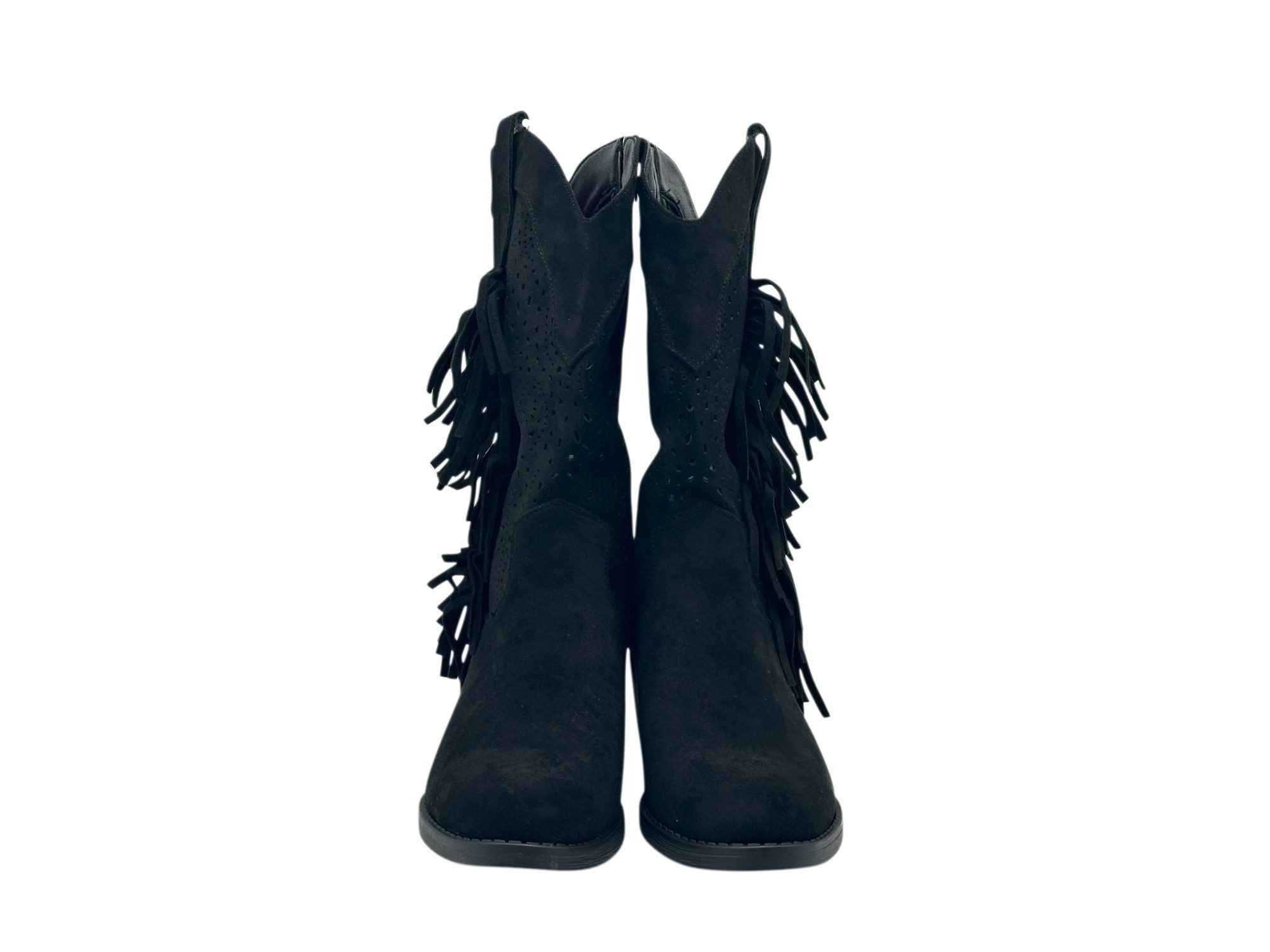 Nowaland Damen Western Stiefelette mit Fransen und Lochmuster Stiefelette Weiche Veloursleder-Optik mit stabilem Blockabsatz – Bild 3 von 5