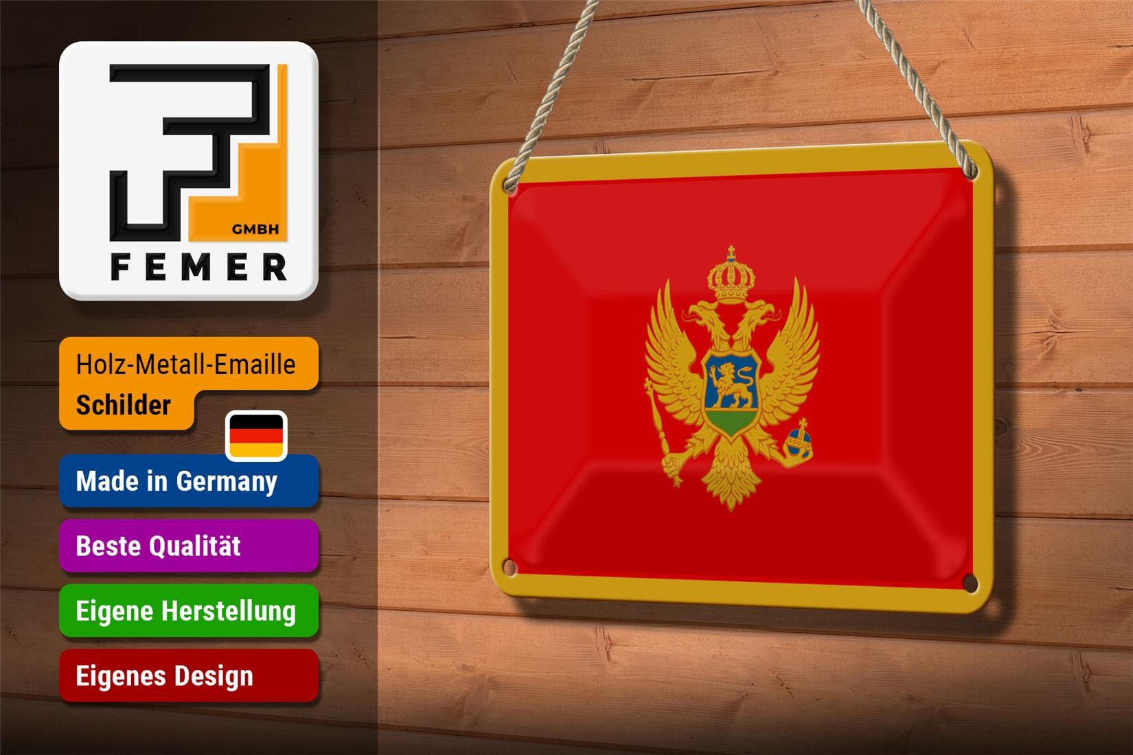 Femer GmbH Metallschild Flagge Montenegros 18x12cm Flag of Montenegro, (1 St), gewölbte Oberfläche, abgerundete Ecken, umgeschlagene Kanten