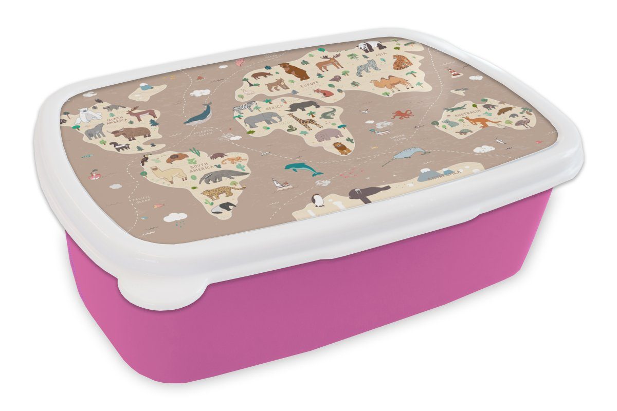 MuchoWow Lunchbox Weltkarte Kinder - Tiere - Braun - Jungen - Mädchen, Kunststoff, (2-tlg), Brotbox für Erwachsene, Brotdose Kinder, Snackbox, Mädchen, Kunststoff rosa