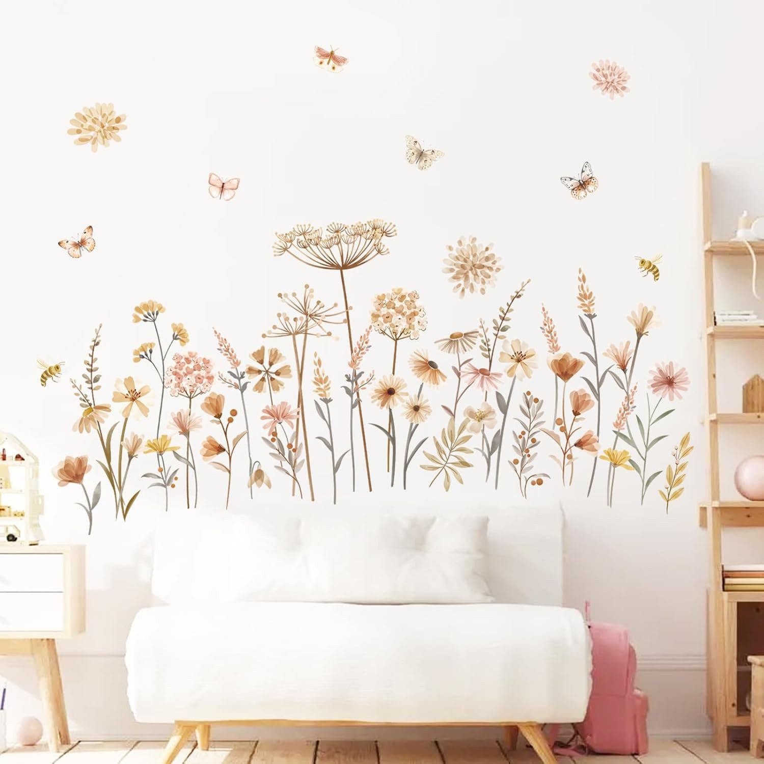 FOUORTUNATE-BEE Fenstersticker Boho-Wandsticker mit Wildblumen, Schmetterlingen und Pusteblumen, Dekorative Wandaufkleber für Schlafzimmer, Wohnzimmer und Sofa