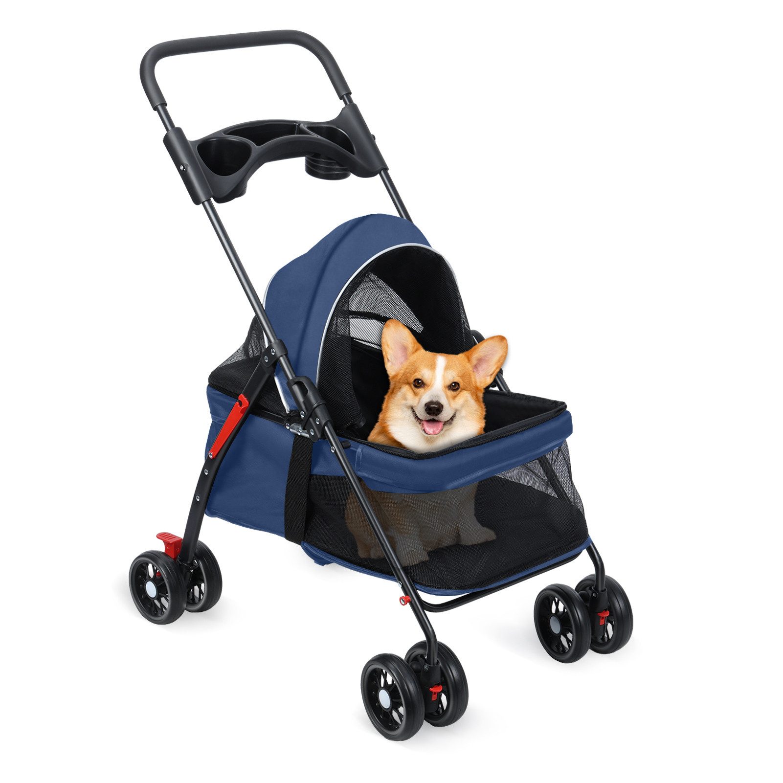 Rutaqian Hundebuggy Kinderwagen für Hunde und Katzen 4 Rädern, mit Getränkehalter, (Kinderwagen für kleine Haustiere,für Mittelgroße und kleine Hunde), Zusammenklappbarer Kinderwagen für Reisen im Freien