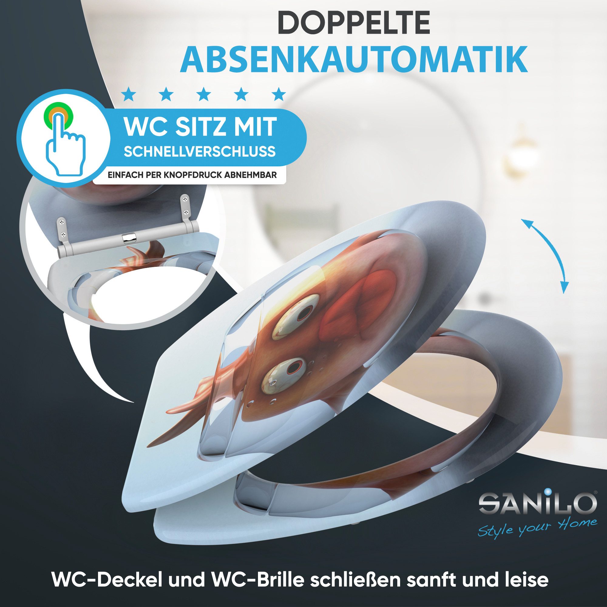 Sanilo WC-Sitz Goldfisch mit Absenkautomatik & Quick Release, Premium Toilettendeckel, abnehmbar, leichte Montage von oben