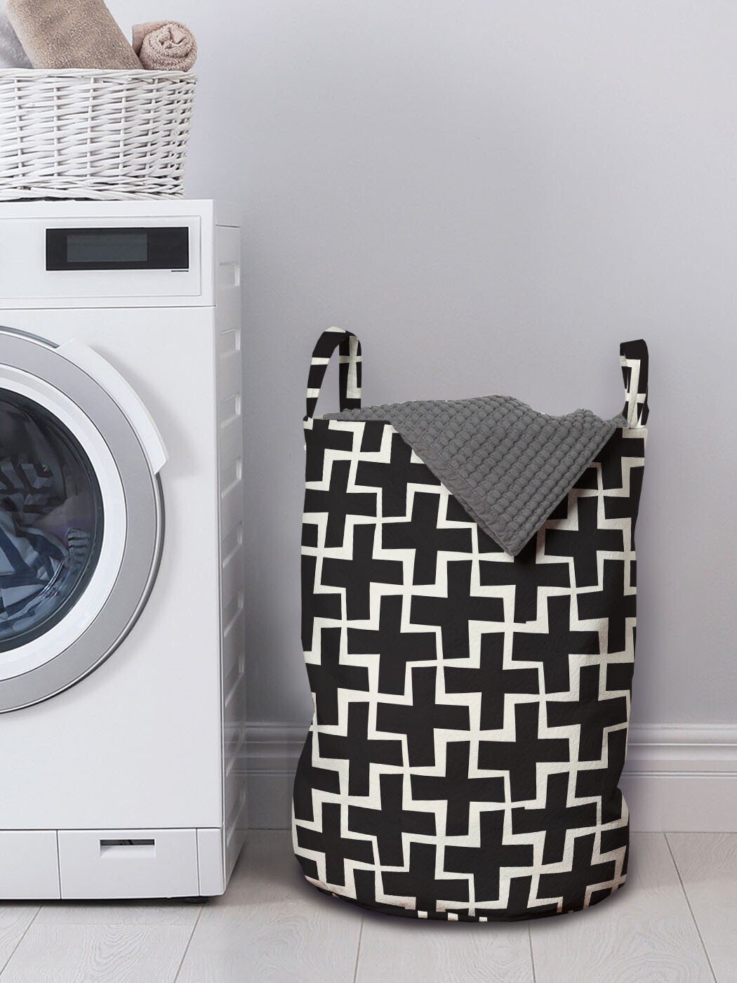 Geometric und Abakuhaus Kordelzugverschluss für Waschsalons, Griffen mit weiß Plus-Zeichen Wäschekorb Schwarz Wäschesäckchen