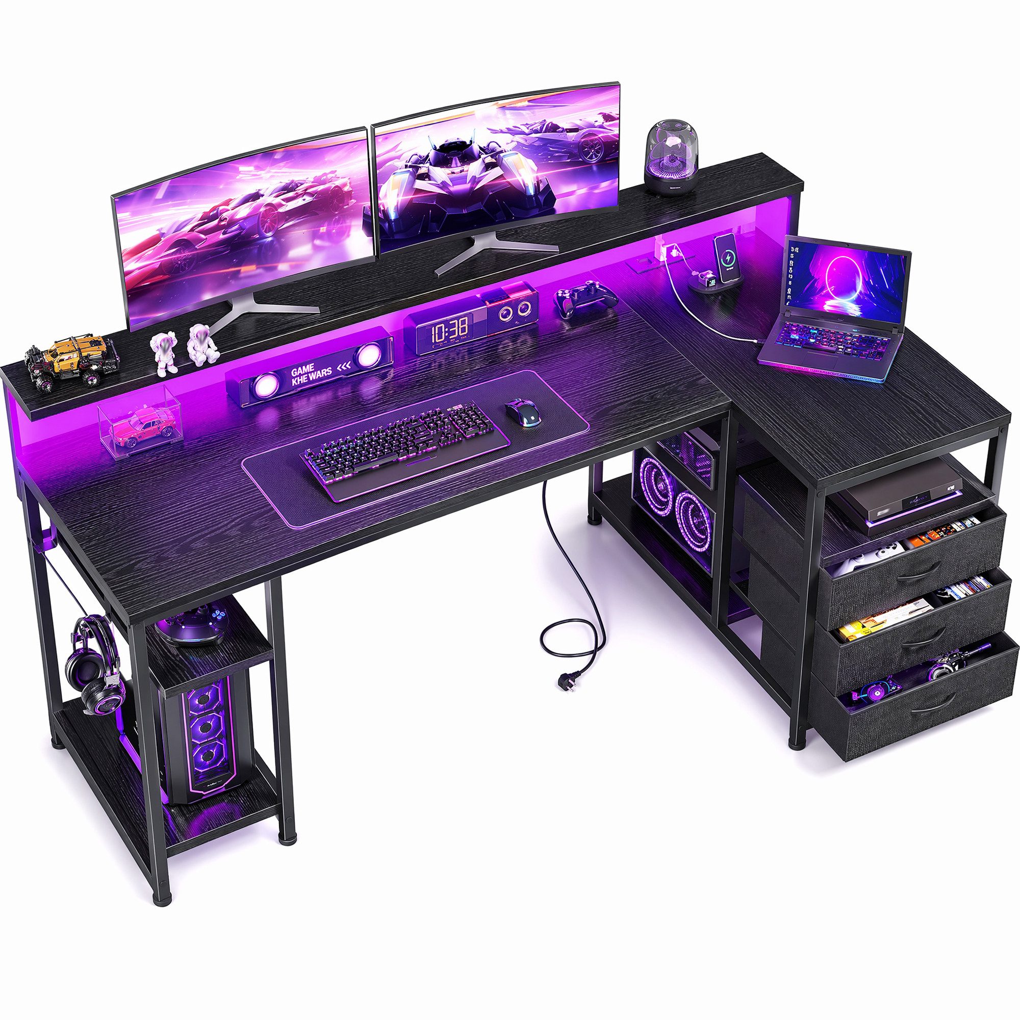 Klyvvo Schreibtisch mit 3 Schubladen, Gaming Schreibtisch L Form mit LED (1-St), mit Stauraum für Homeoffice und Gaming, Schwarz