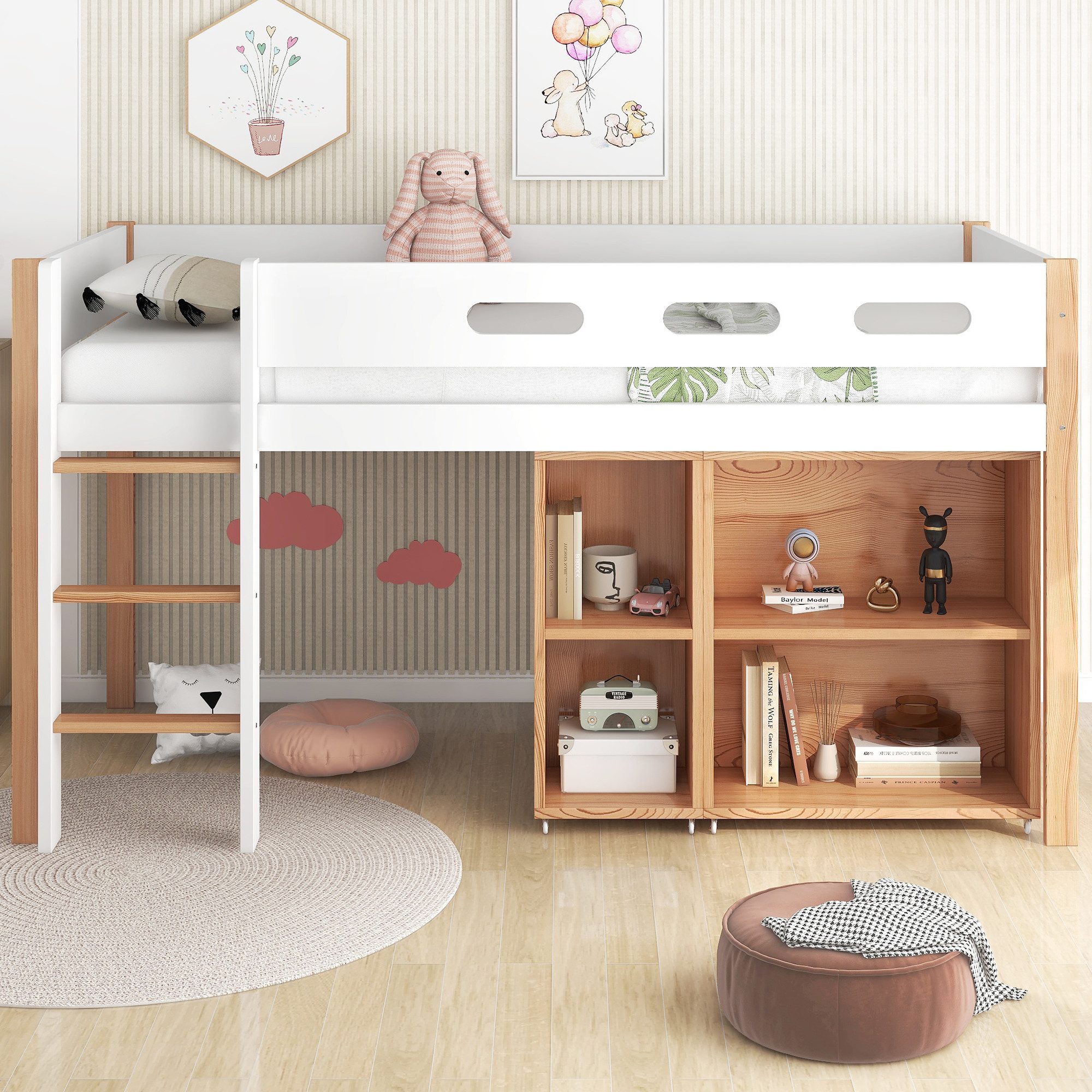 REDOM Kinderbett Hochbett mit Stauraum und beweglichem Schrank, Absturzsicherung (90x200 cm, mit dreistufiger rechtwinkliger Treppe, Bettrahmen aus Massivholz), ohne Matratze