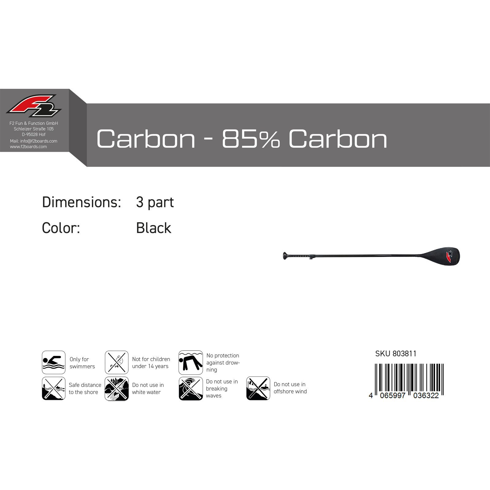 F2 F2 SUP Paddel Carbon - 85% Carbon 3 teilig Schwarz 2024/25 SUP-Paddel
