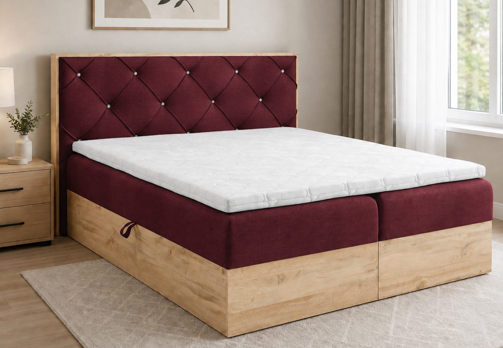 Home Collective Boxspringbett Bett Doppelbett mit Bettkasten Polsterbett Holzoptik Eiche mit Dekor (Größen 120x200, 140x200, 160x200, 180x200, 200x200 cm), inkl. Bonell-Federkern, Topper, Kristall-Steine Burgunder