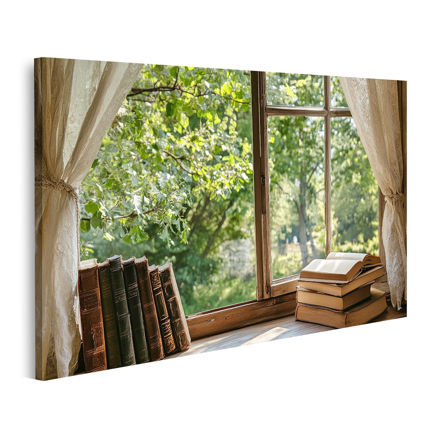 islandburner Leinwandbild Bücher am alten Fensterblick ins Grüne Wandbild