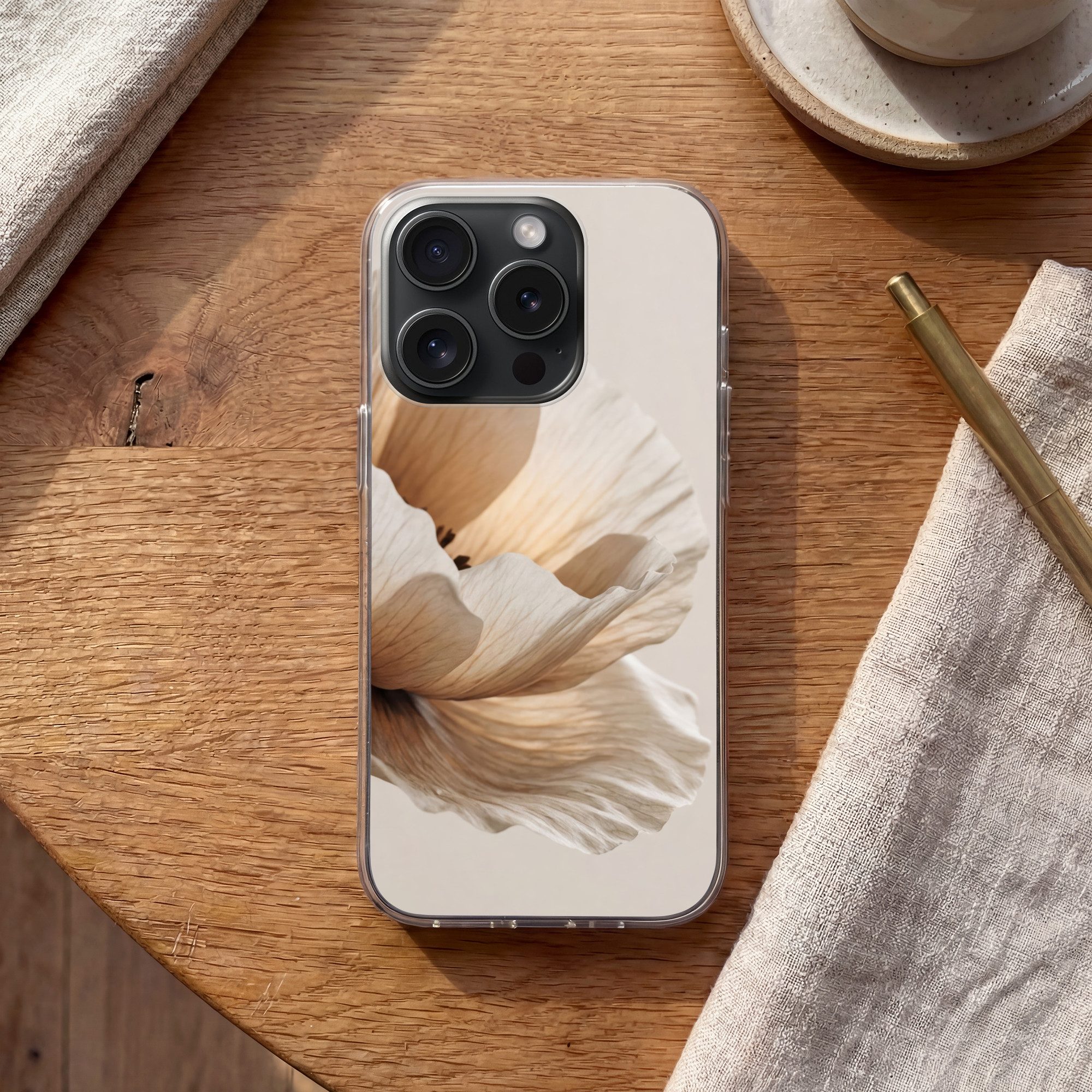 MuchoWow Handyhülle für Apple iPhone 15 Pro Blume - Beige - Creme, Smartphone-Bumper, Print, Handy Schutzhülle Dünn