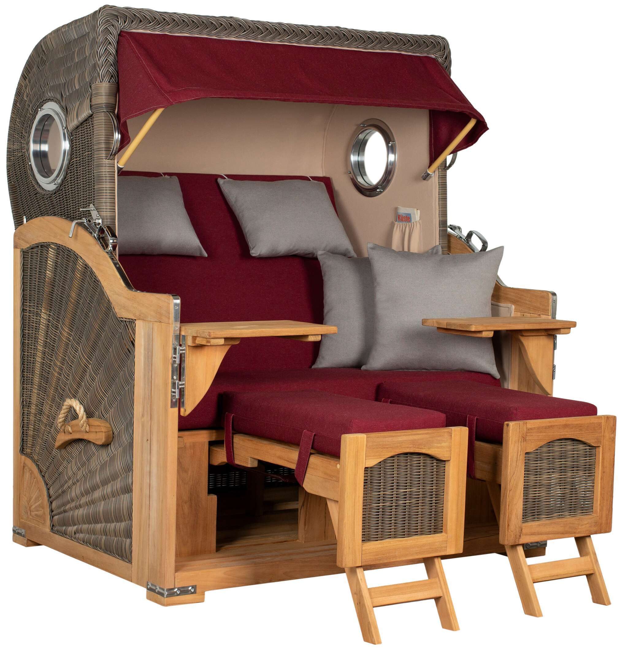 MR.DEKO Strandkorb 2,5 Sitzer Düne Grande, wetterfest mit Bullauge Teak PE Grey XL, BxTxH: 142x95x170 cm, Volllieger, Düne, (Fertig montierter Strandkorb für Garten, Terrasse & Balkon), Wetterfester Volllieger mit Edelstahlbeschlägen & waschbaren Polstern