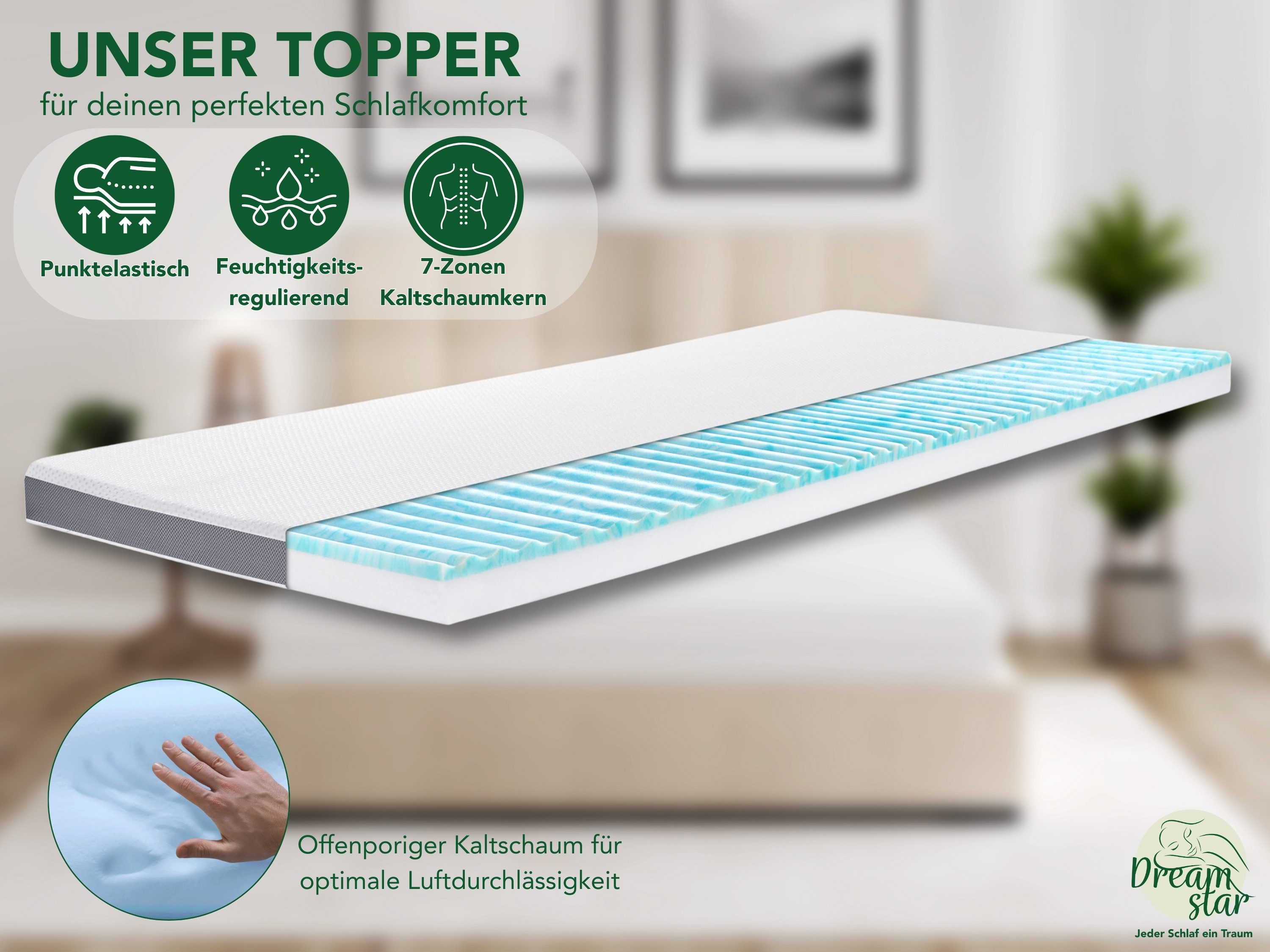 Dreamstar, Topper 7-Zonen Matratzentopper mit Gel-Memory- & Komfortschicht, H2/H3, 8 cm hoch, Komfortschaum, rutschfest, Bezug waschbar - für Matratzen und Boxspringbetten