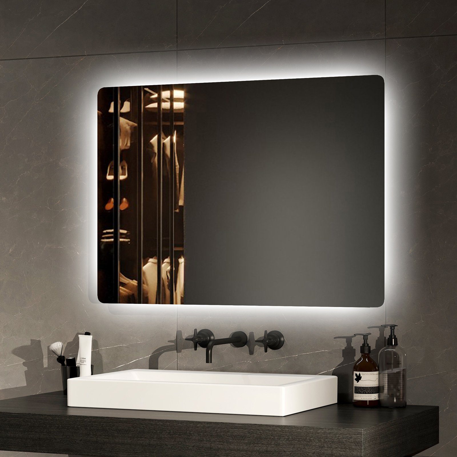 EMKE Badspiegel mit Beleuchtung Badezimmerspiegel Wandspiegel mit LED, Kaltweißes Licht 6500K 70-80cm