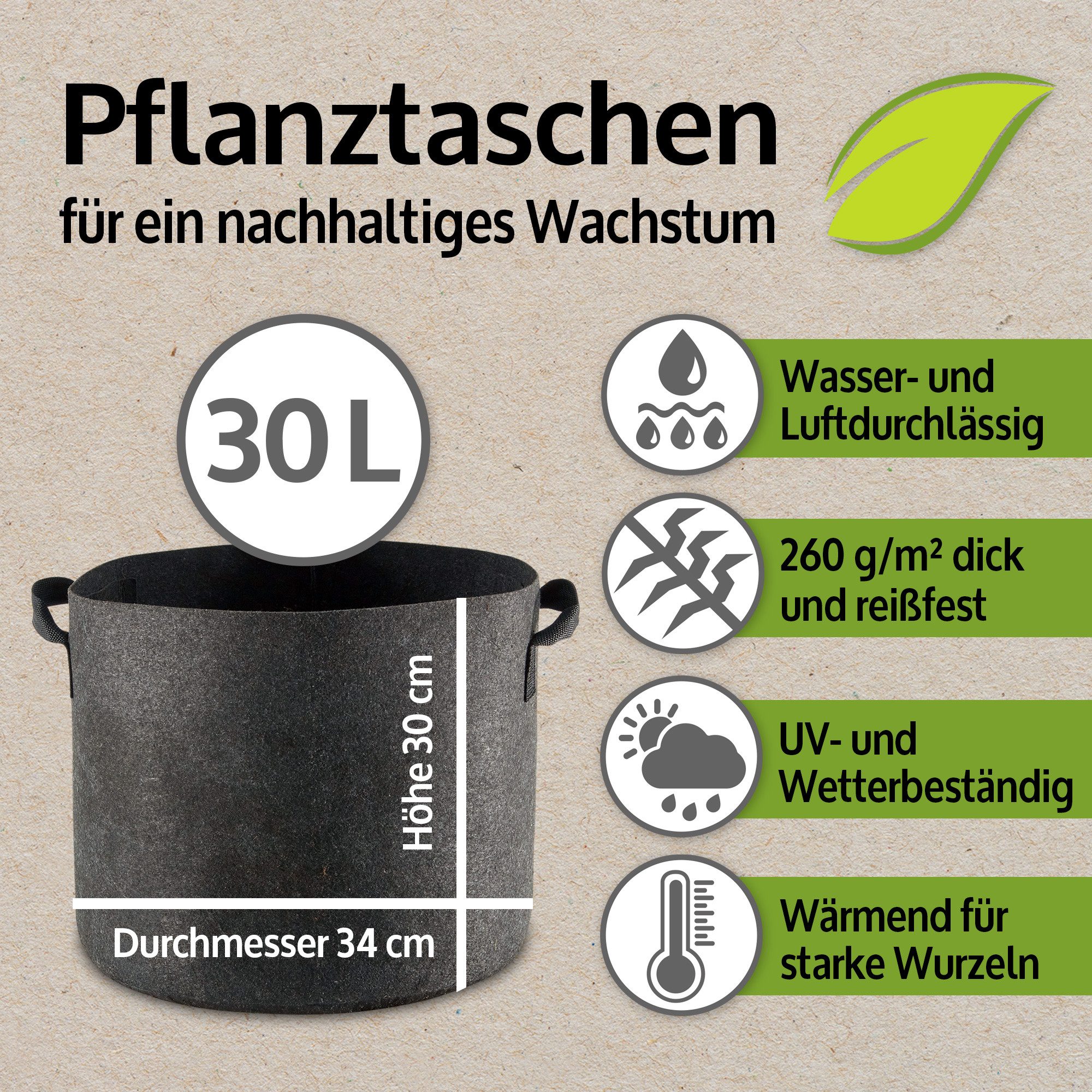 Zooprinz Pflanzkübel Pflanzsack Pflanztaschen 3er & 6er Sets 30 Liter 60 Liter (6 St), 260 g/m² Vliesstoff, Wasserabfluss, UV- und witterungsbeständig