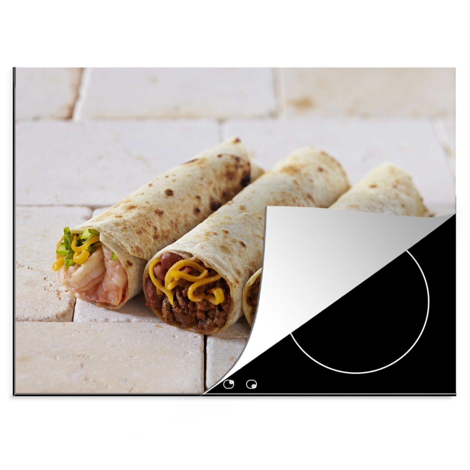 MuchoWow Herdblende-/Abdeckplatte Drei verschiedene mexikanische Burritos hintereinander, Vinyl, (1 tlg), 70x52 cm, Mobile Arbeitsfläche nutzbar, Ceranfeldabdeckung