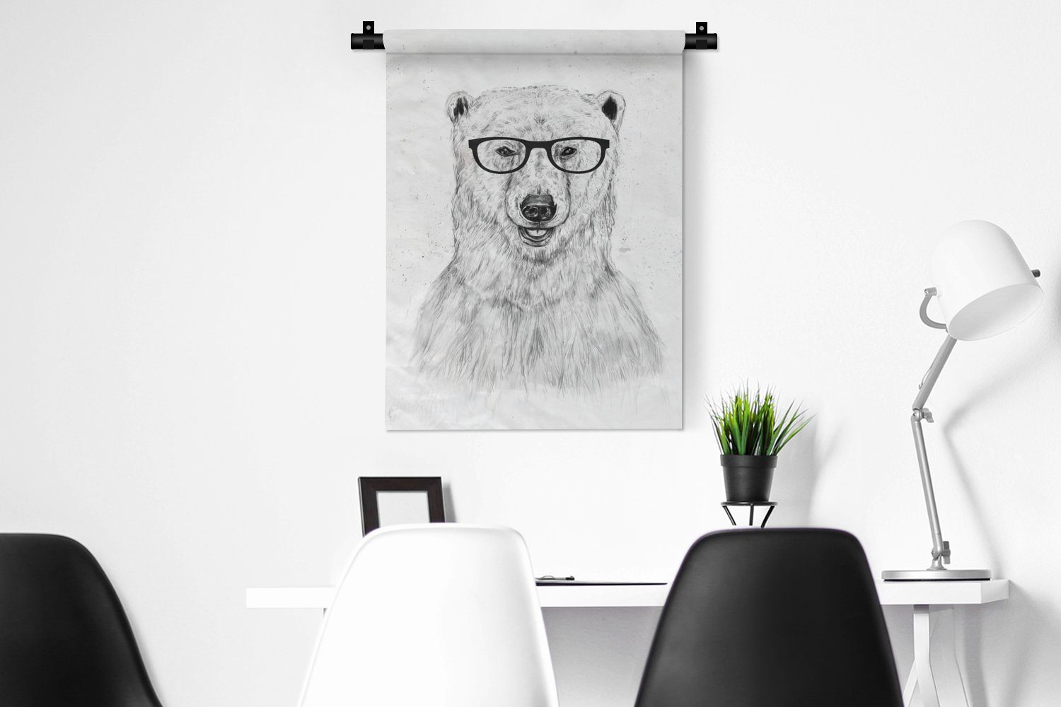 Deko Weiß Tiere, Eisbär MuchoWow der für - Brille Schlafzimmer an - Wanddekoobjekt Tapisserie, Wohnzimmer, - Wand,