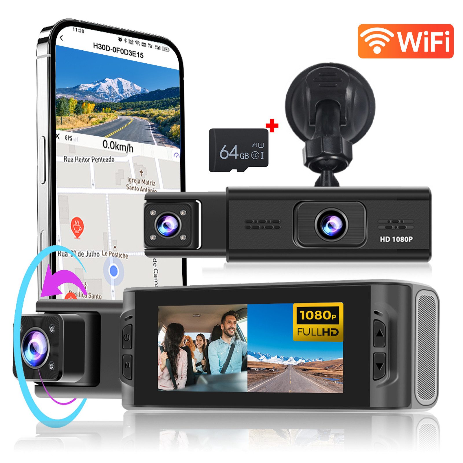 Dashcam Auto, 3.16'' 1080P 3 Kanäle Wifi Auto kamera G-sensor Dashcam