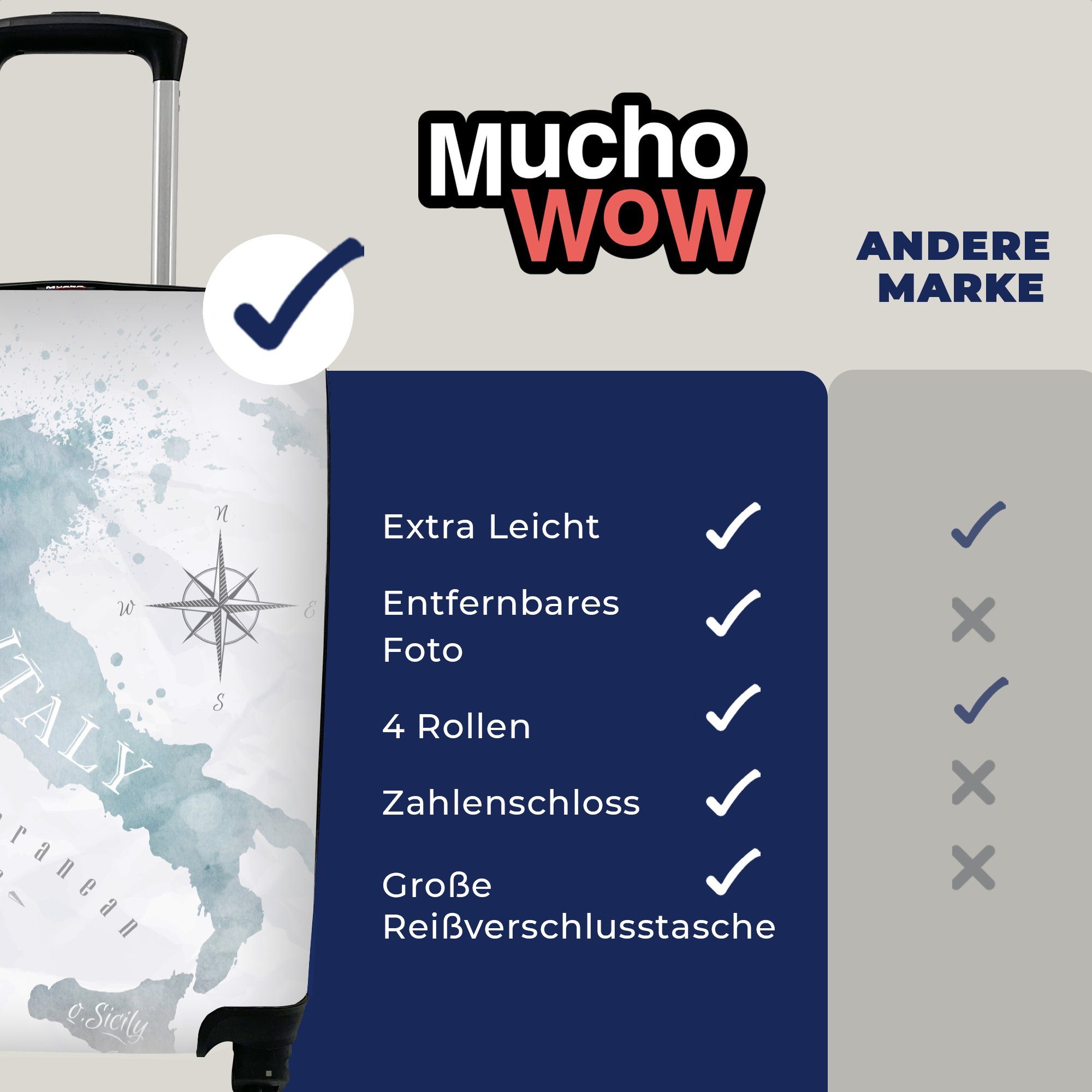 MuchoWow Handgepäckkoffer Weltkarten - Ferien, mit Farbe Trolley, Handgepäck Italien, rollen, für Reisetasche - Rollen, 4 Reisekoffer