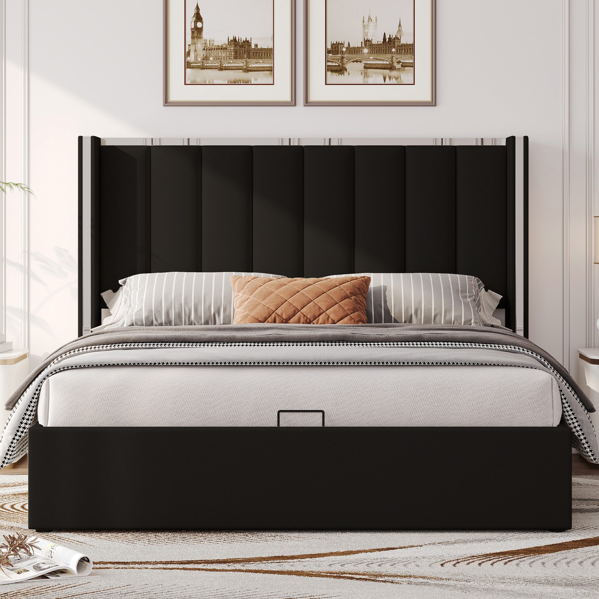 AMERLIFE Polsterbett Hydraulisches Stauraumbett, 115 cm Wingback-Kopfteil aus Samt (Ohne Matratze), Luxuriöses Samtpolsterbett Jugendbett Doppelbett, 140x200cm