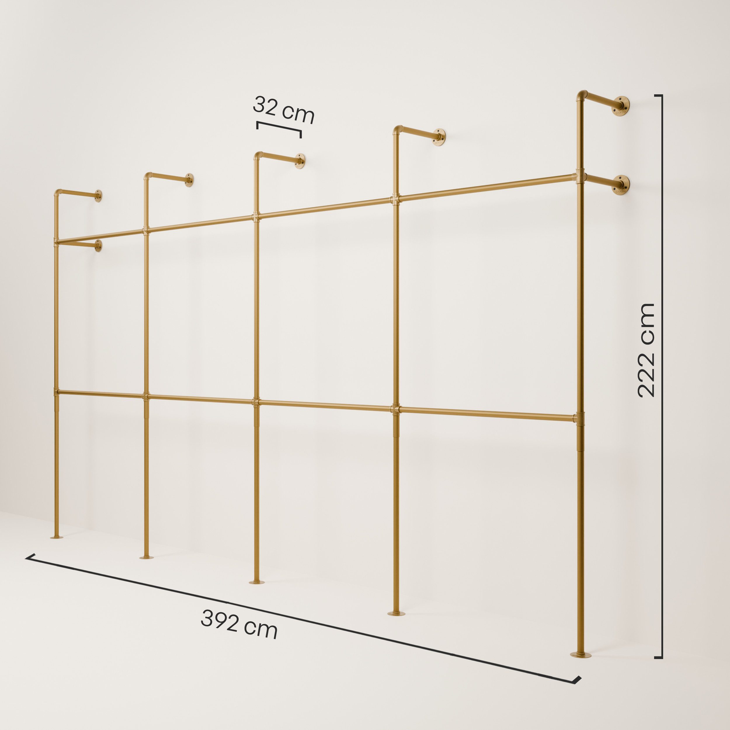 pamo. design Kleiderständer KIM DOUBLE Industrial Kleiderstange zur Wandmontage, Offener Kleiderschrank / Garderobe aus goldenen Wasserrohren – Bild 2 von 5