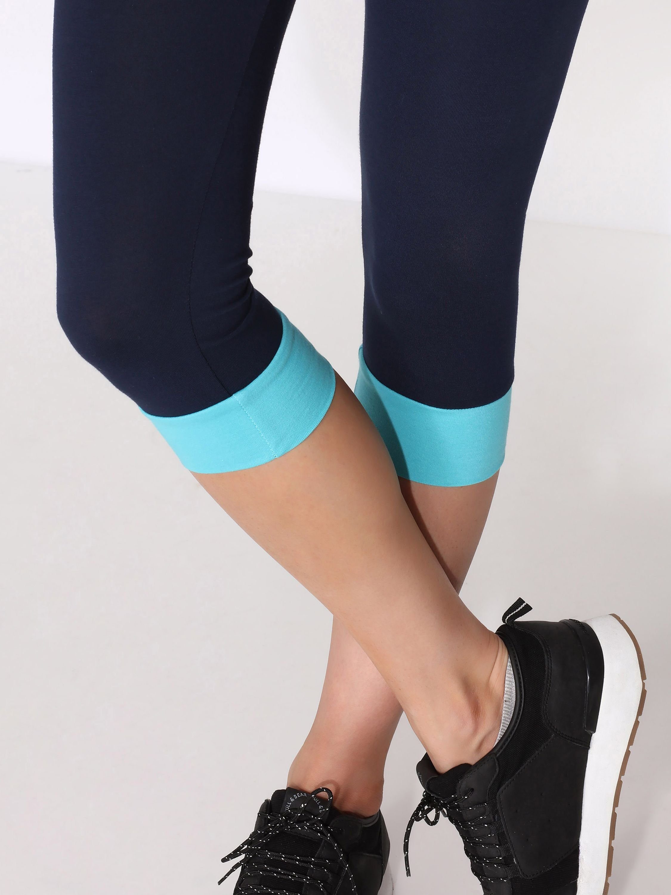 Damen elastischer Marineblau/Türkis Style aus Baumwolle Merry mit (1-tlg) MS10-379 angenähtem Leggings Bündchen Leggings Bund