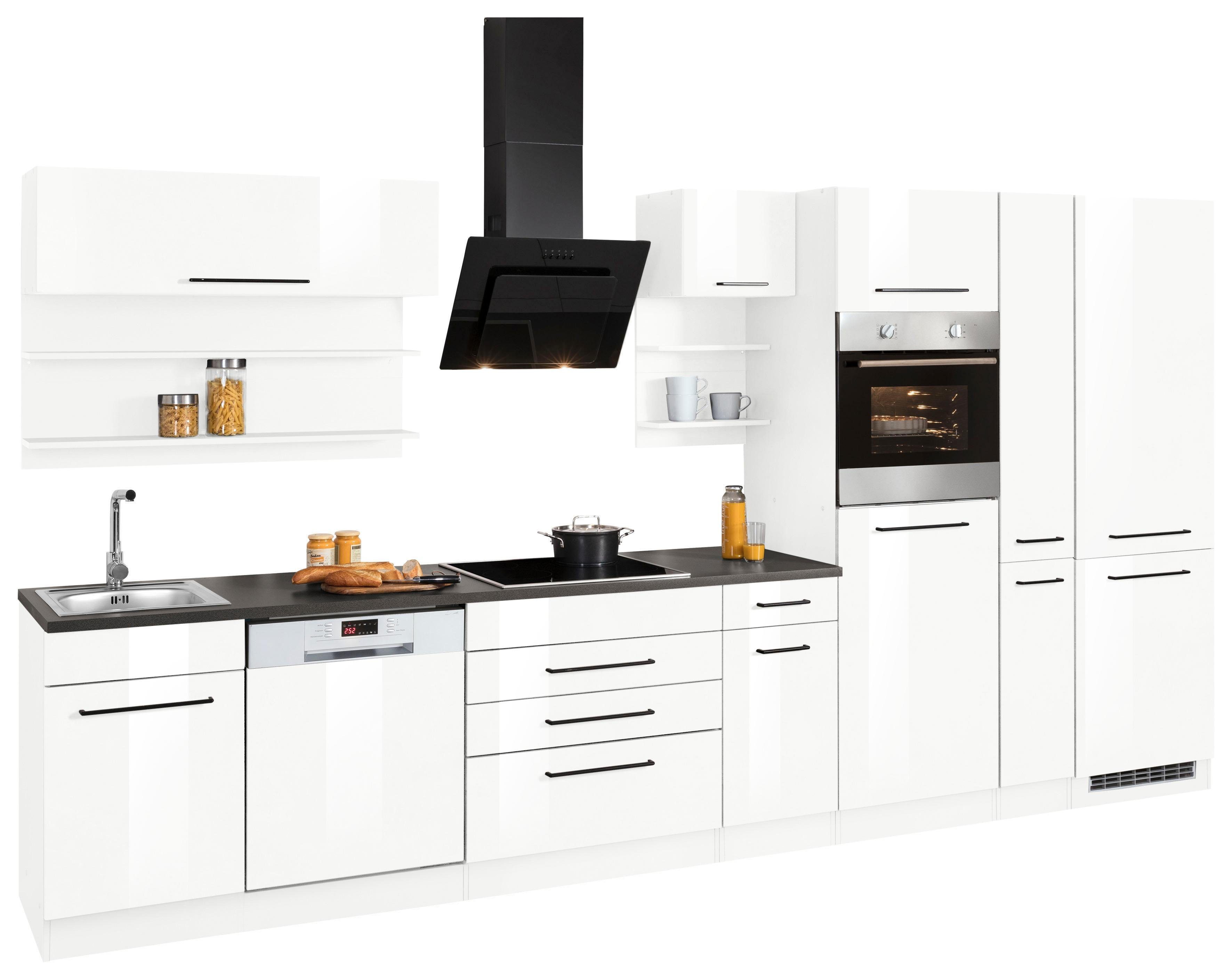 KOCHSTATION Küchenzeile KS-Tulsa, mit E-Geräten, Breite 380 cm, schwarze Metallgriffe, MDF Fronten