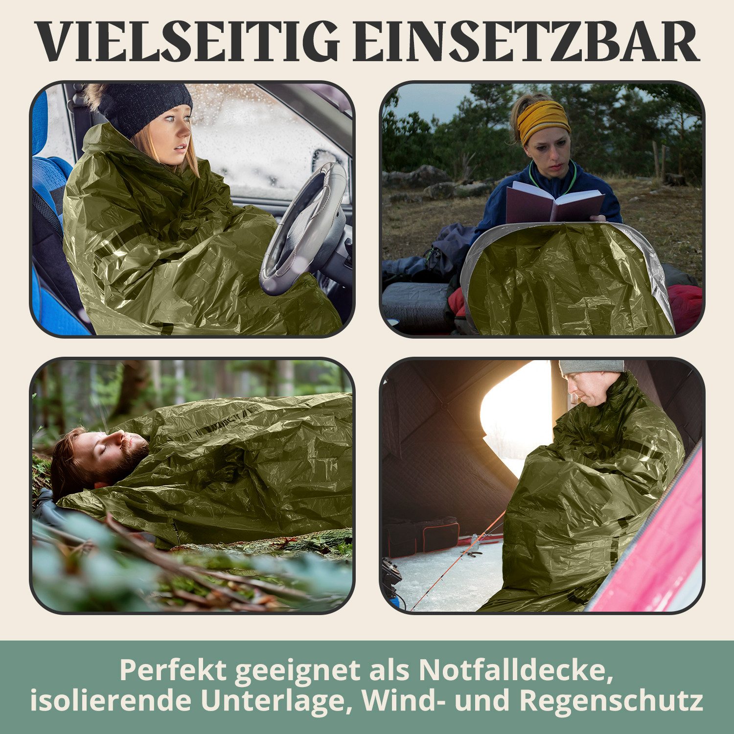 PINUQUEST Biwaksack Notfallschlafsack (2 tlg), Rettungsdecke Notfall-Biwaksack Survival Notbiwak, grün, 2 Stück – Bild 5 von 5