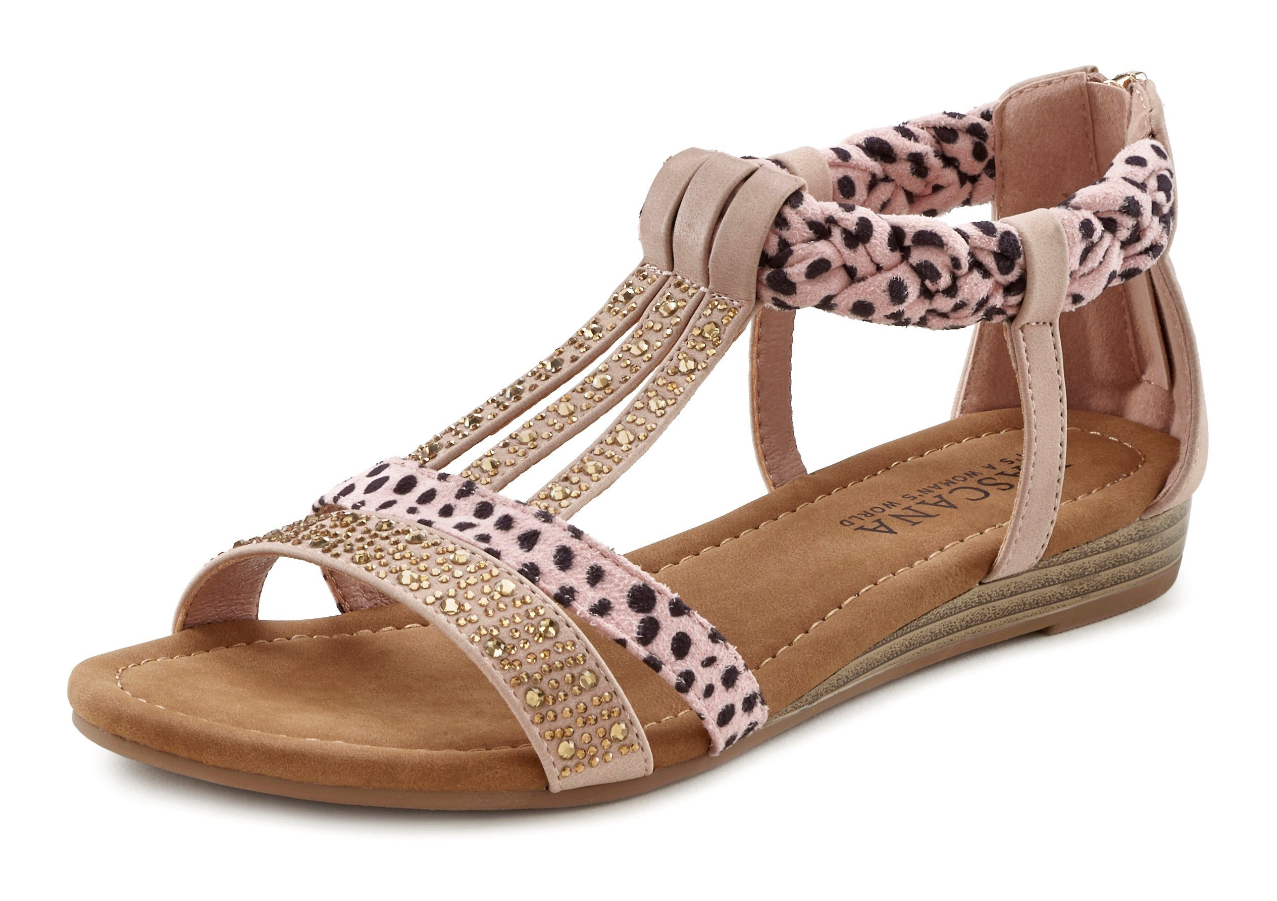 LASCANA Sandale Sandalette, mit kleinem und rosé/leo VEGAN Verzierung Keilabsatz Sommerschuh